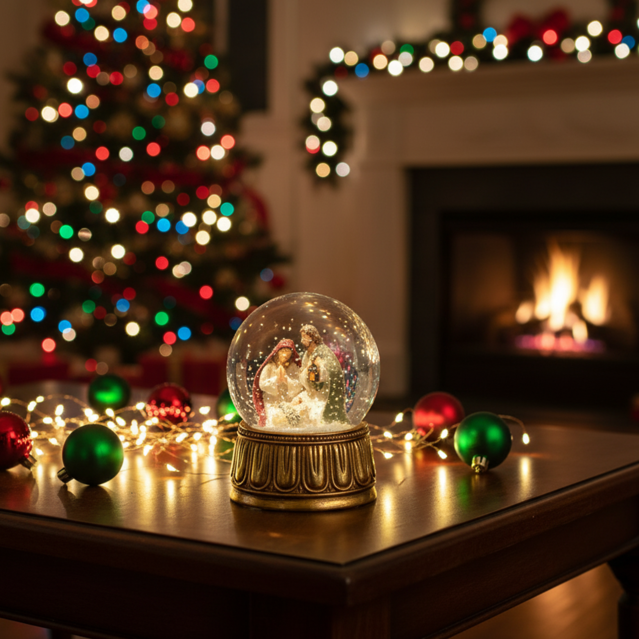 Water sphere with nativity scene and music box, hand-painted resin base, Christmas decoration, Ø10x14.5 cm