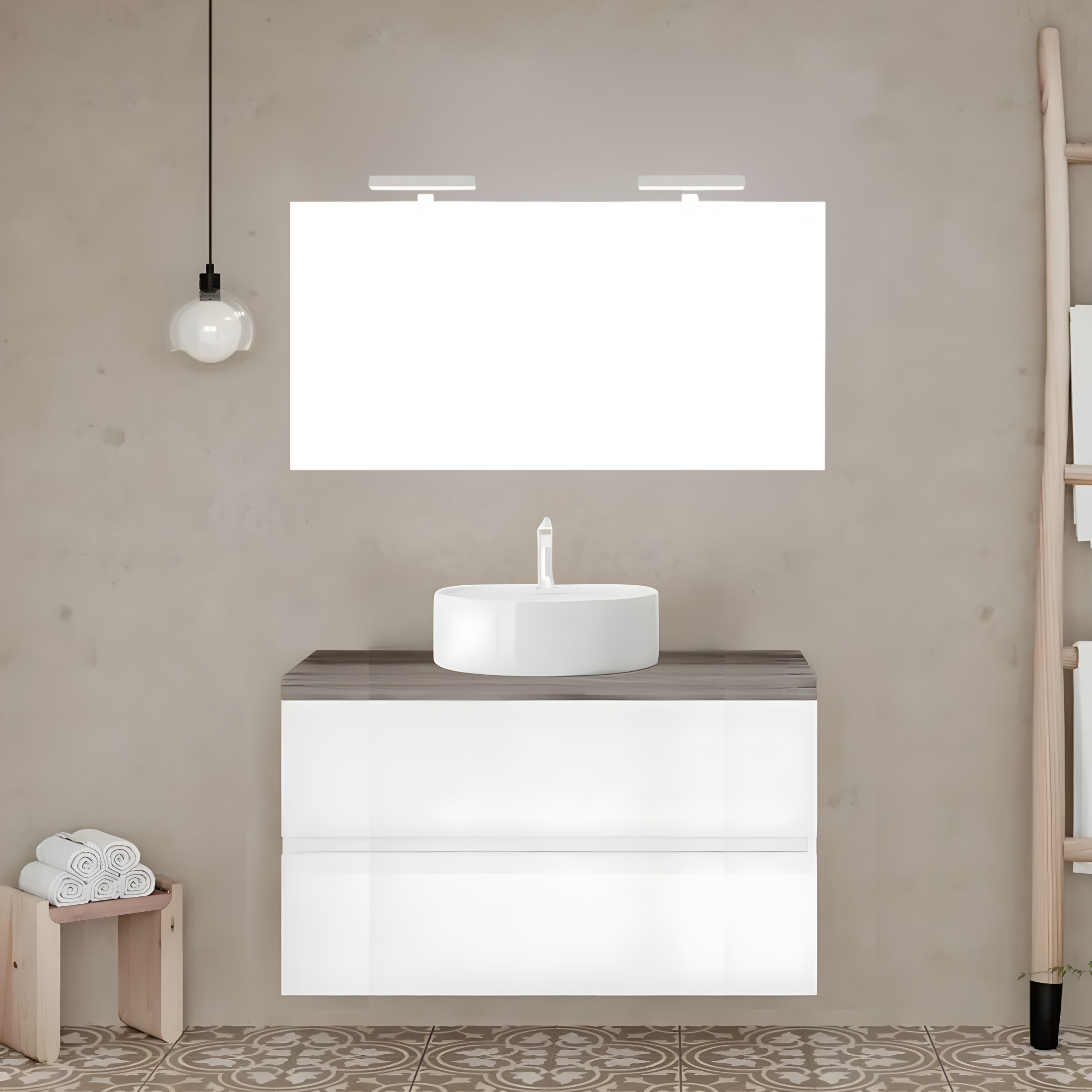 "Tara3" wall-hung bathroom cabinet with oval countertop washbasin, top and LED mirror