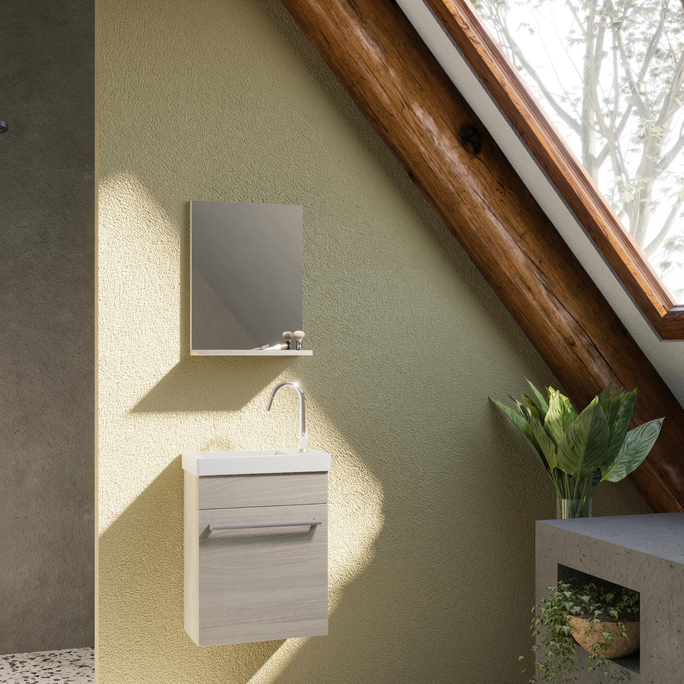 "Kalua" wall-hung bathroom cabinet with integrated ceramic sink and mirror with shelf, 42x23 cm, 105h