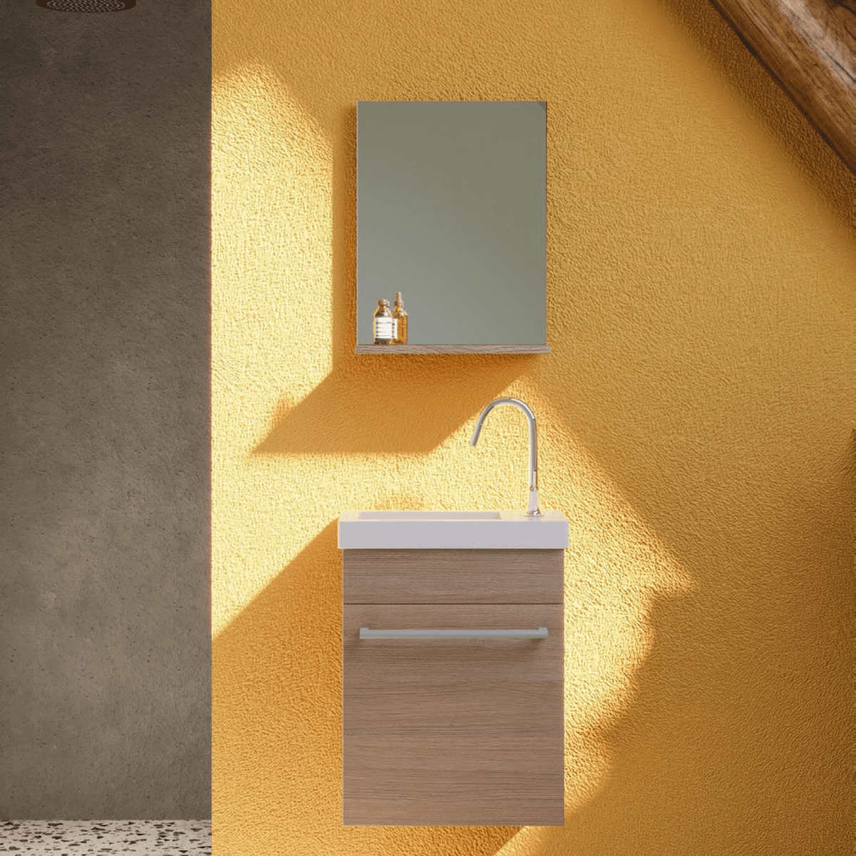 Mobile da bagno sospeso "Kalua" con lavabo in ceramica integrato e specchiera con mensola cm 42x23 105h - MondoViro