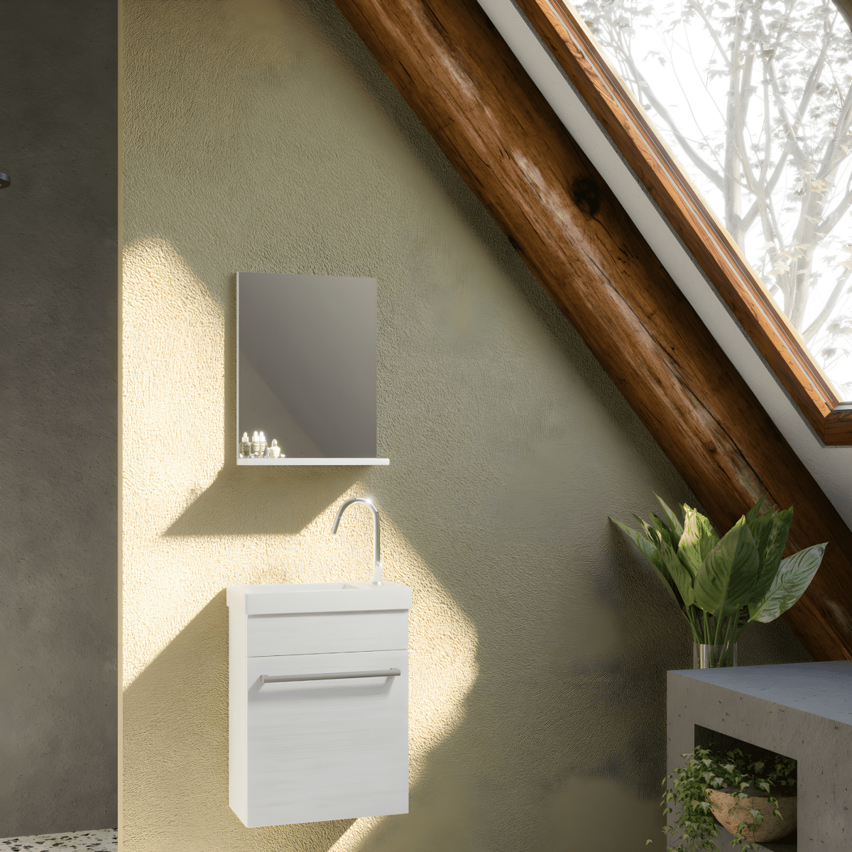 Mobile da bagno sospeso "Kalua" con lavabo in ceramica integrato e specchiera con mensola cm 42x23 105h - MondoViro