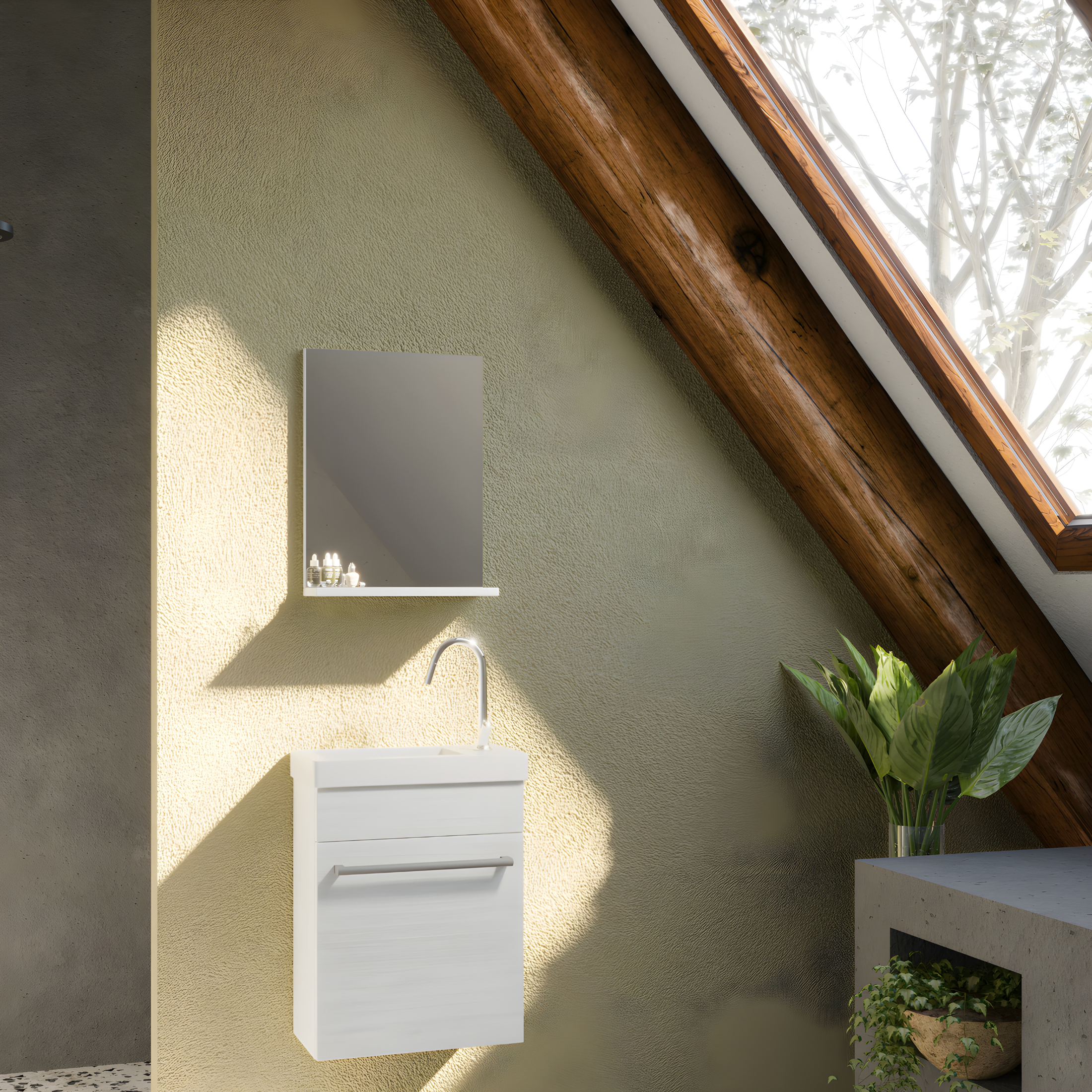 "Kalua" wall-hung bathroom cabinet with integrated ceramic sink and mirror with shelf, 42x23 cm, 105h