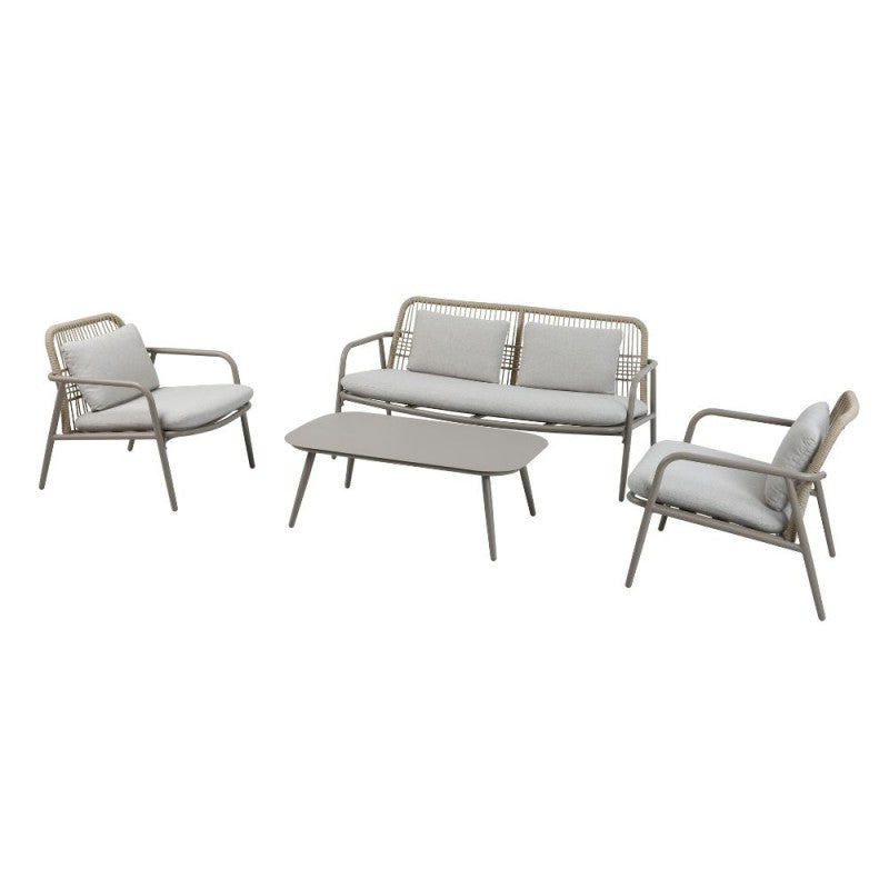 "Marina" outdoor lounge set with a modern sofa, cushions, two armchairs, and a coffee table.