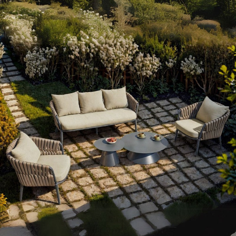 "Simo" painted aluminum outdoor lounge set with double sofa, coffee table, and 2 armchairs