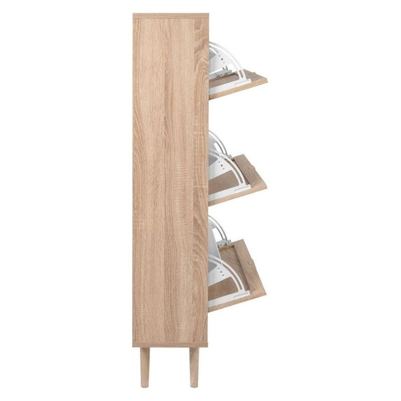 Space-saving shoe rack with 3 drop-down doors, "Bali" wicker effect, double depth