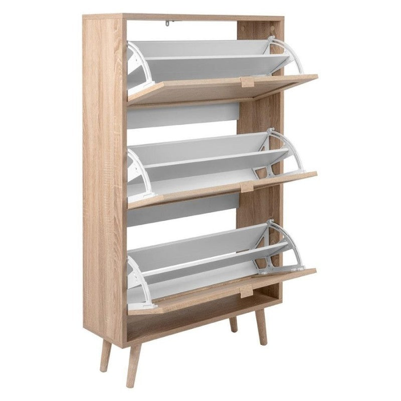 Space-saving shoe rack with 3 drop-down doors, "Bali" wicker effect, double depth