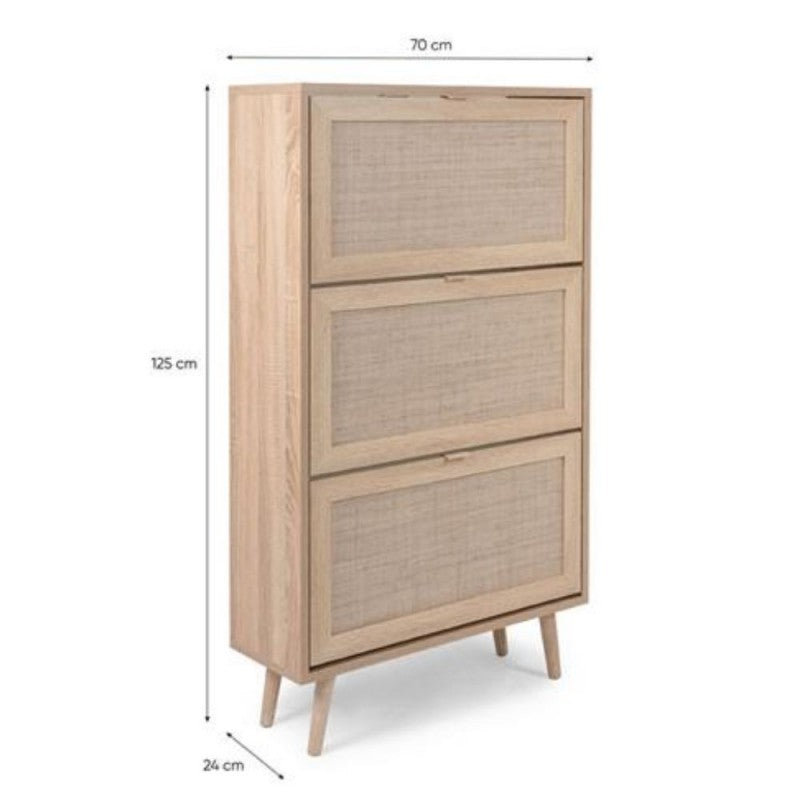 Space-saving shoe rack with 3 drop-down doors, "Bali" wicker effect, double depth
