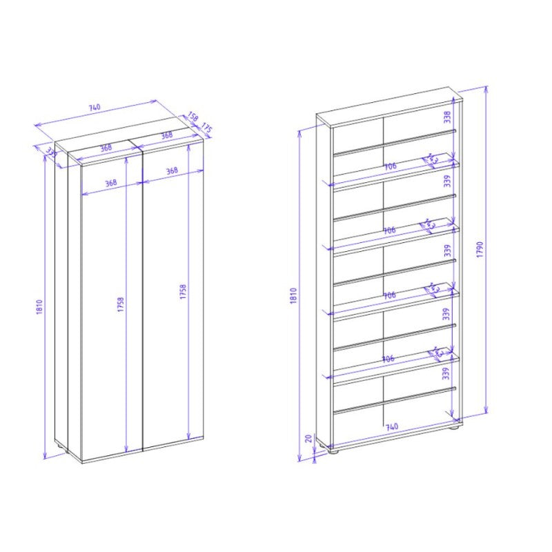 Slim, 2-door "Lugo" wooden shoe rack with 5 space-saving compartments