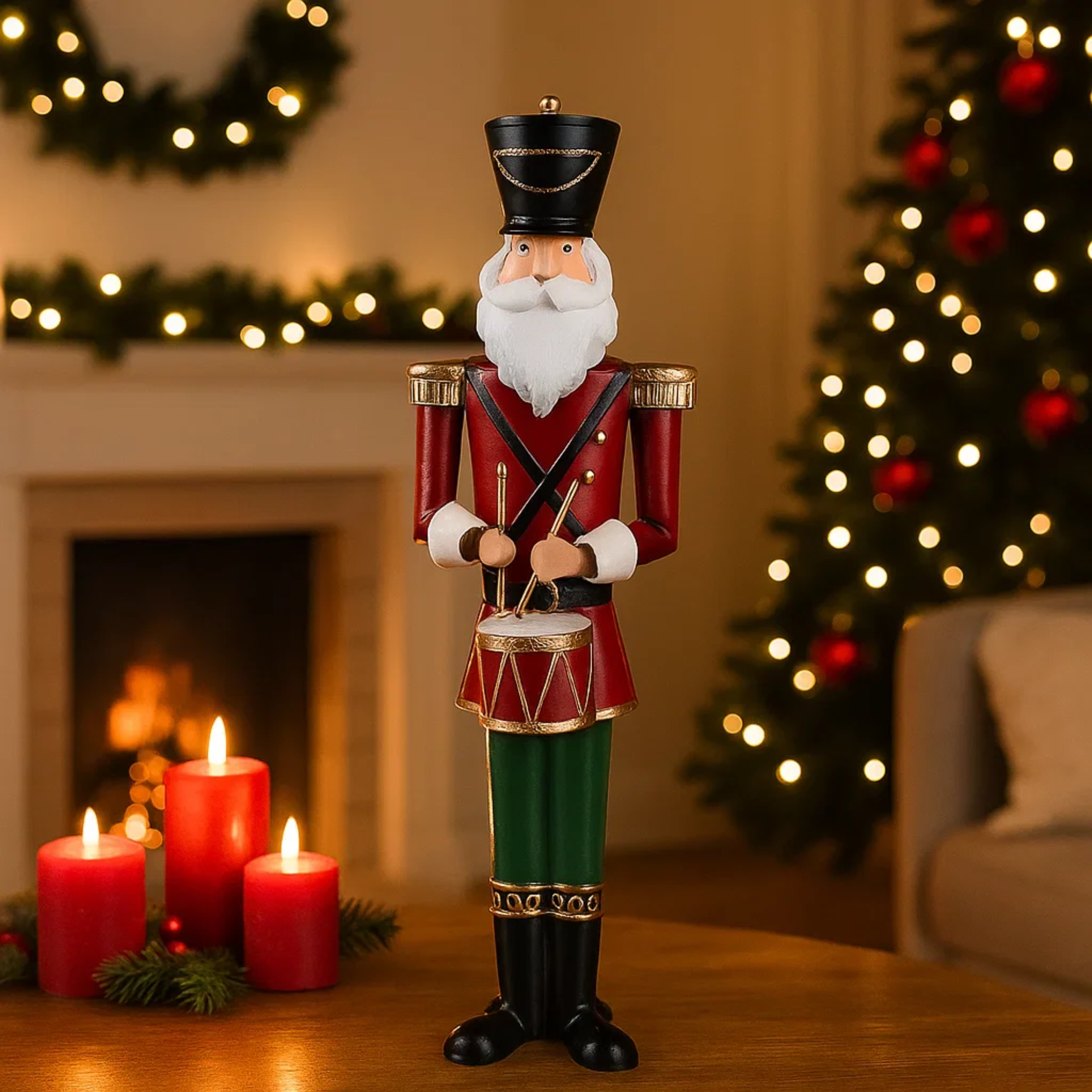 Red and green Christmas nutcracker soldier with drum, 10 x 35 cm.