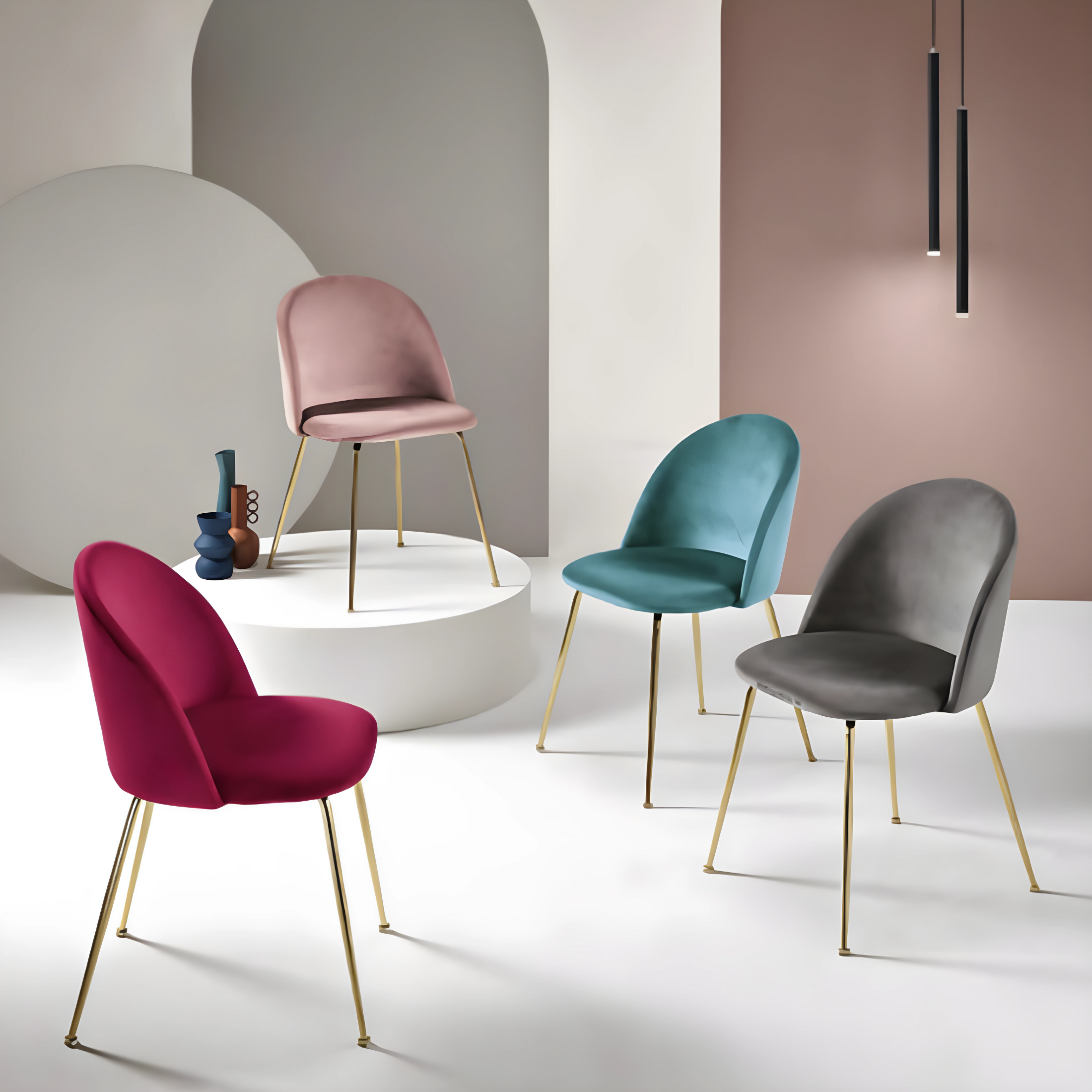 Set of "Dama" dining chairs in velvet with painted metal frame, 52x50 cm, 81h