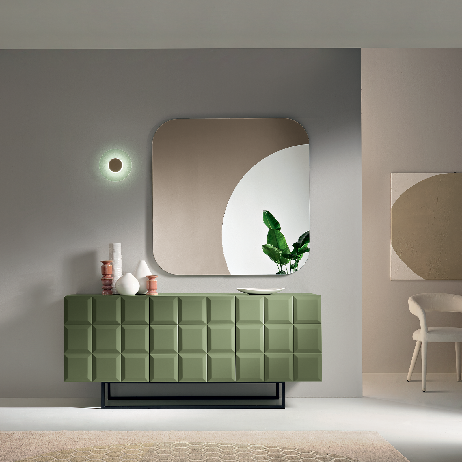 Green "Mirò" sideboard with lacquered MDF doors, chipboard body and black painted metal base