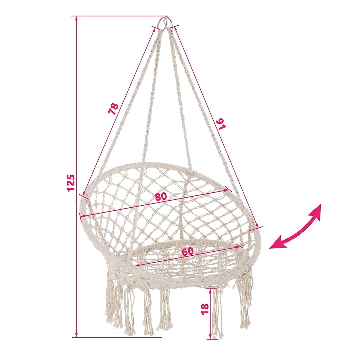 Sedia a dondolo Macramè sospesa con corda in cotone e cuscino imbottito