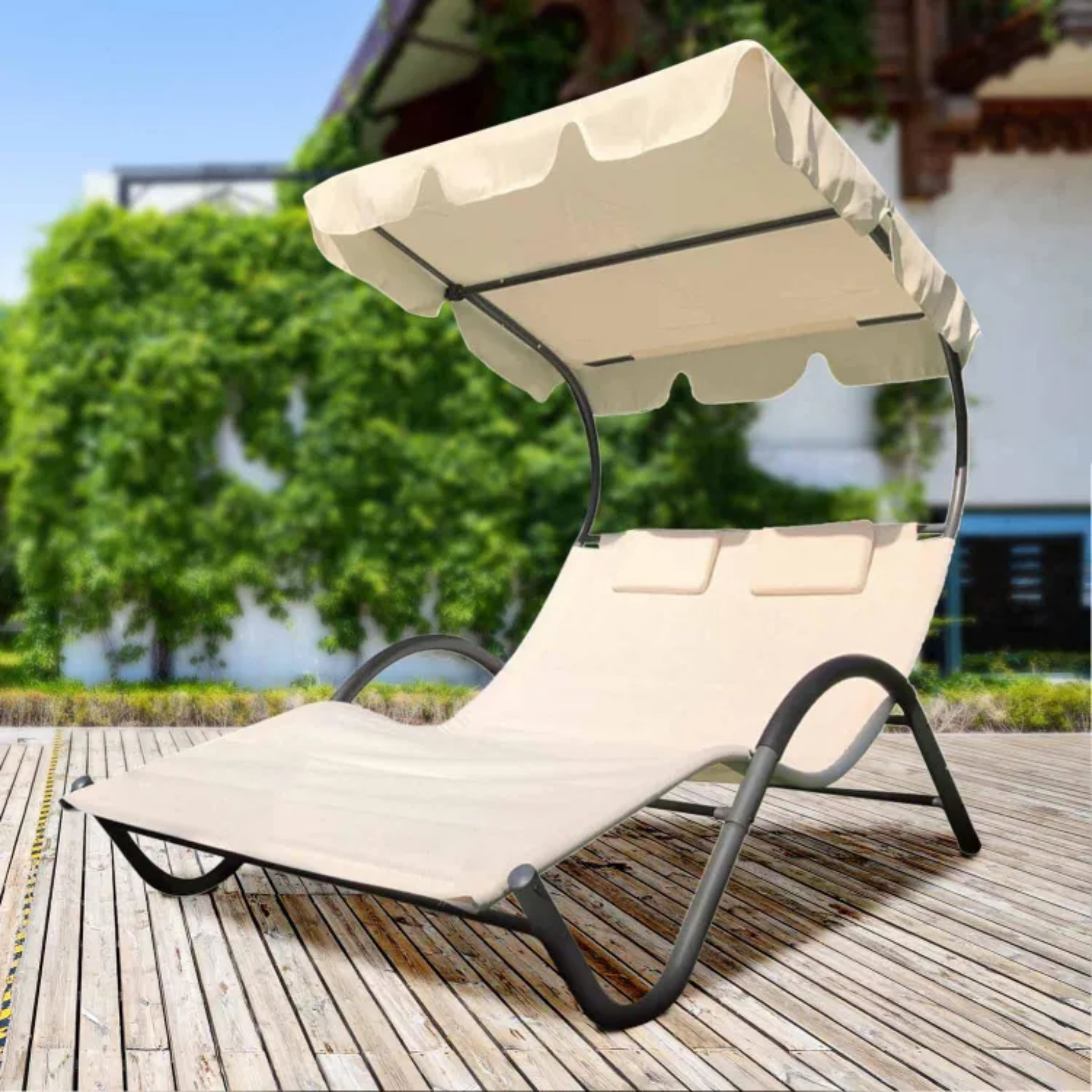 Lettino prendisole matrimoniale in acciaio e textilene tettuccio parasole orientabile Garden Sun 205x138x150 cm