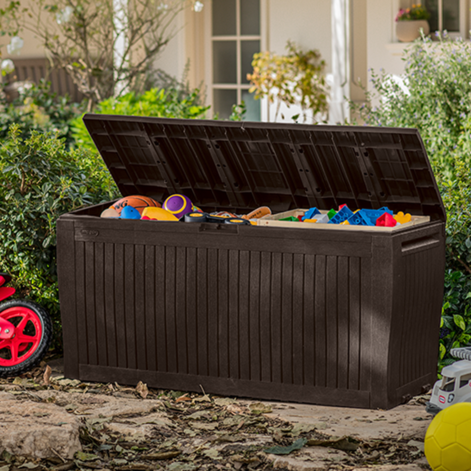 Baule portatutto da giardino in resina effetto legno cm 117x45 57h