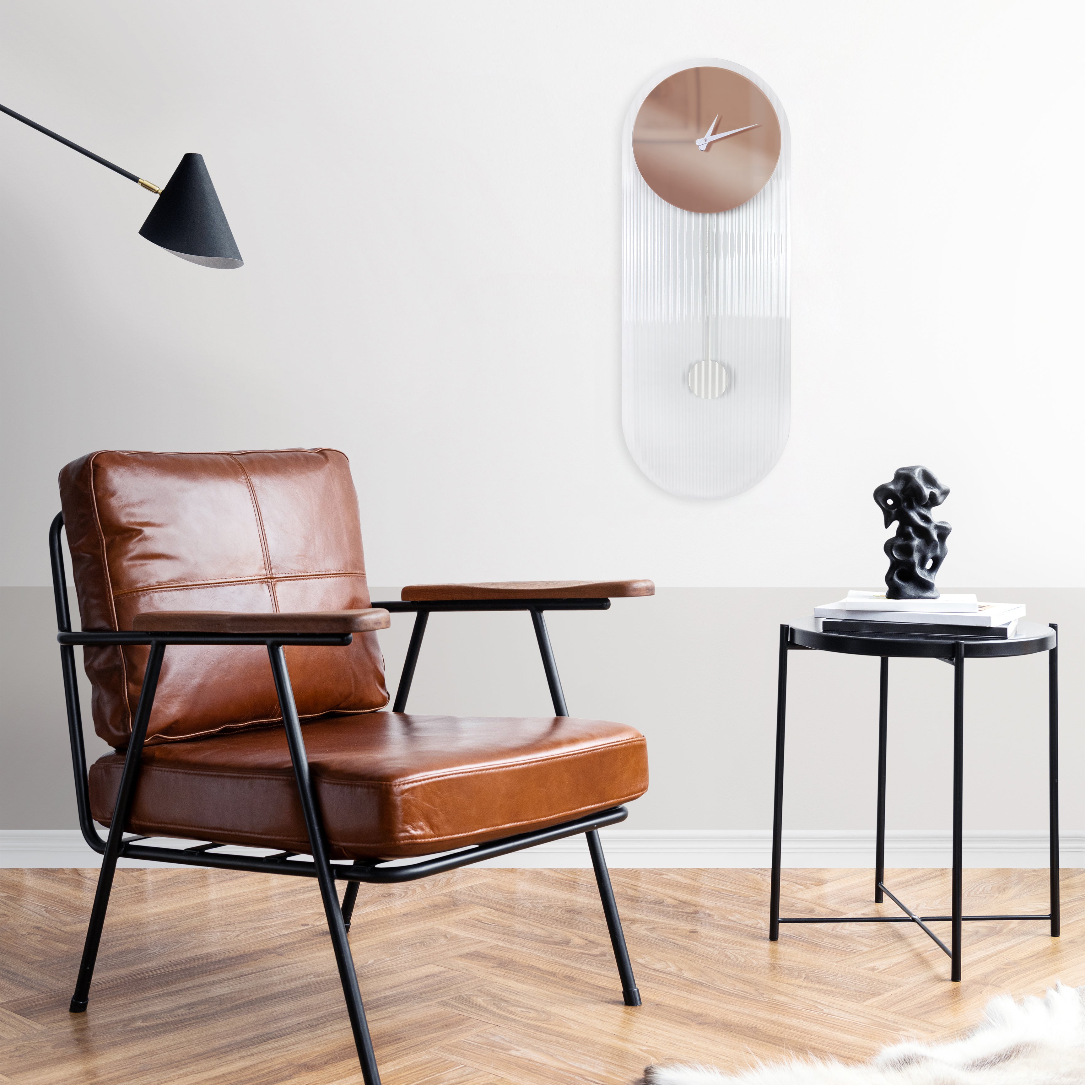 "London" designer pendulum clock with ribbed glass and rose mirror