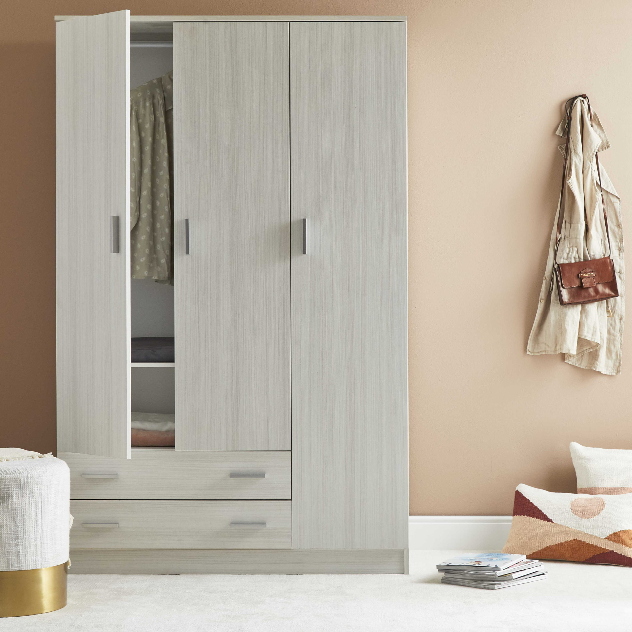 Modern wooden wardrobe with 3 doors, coat hanger, 2 drawers, 111x47 cm, 171h