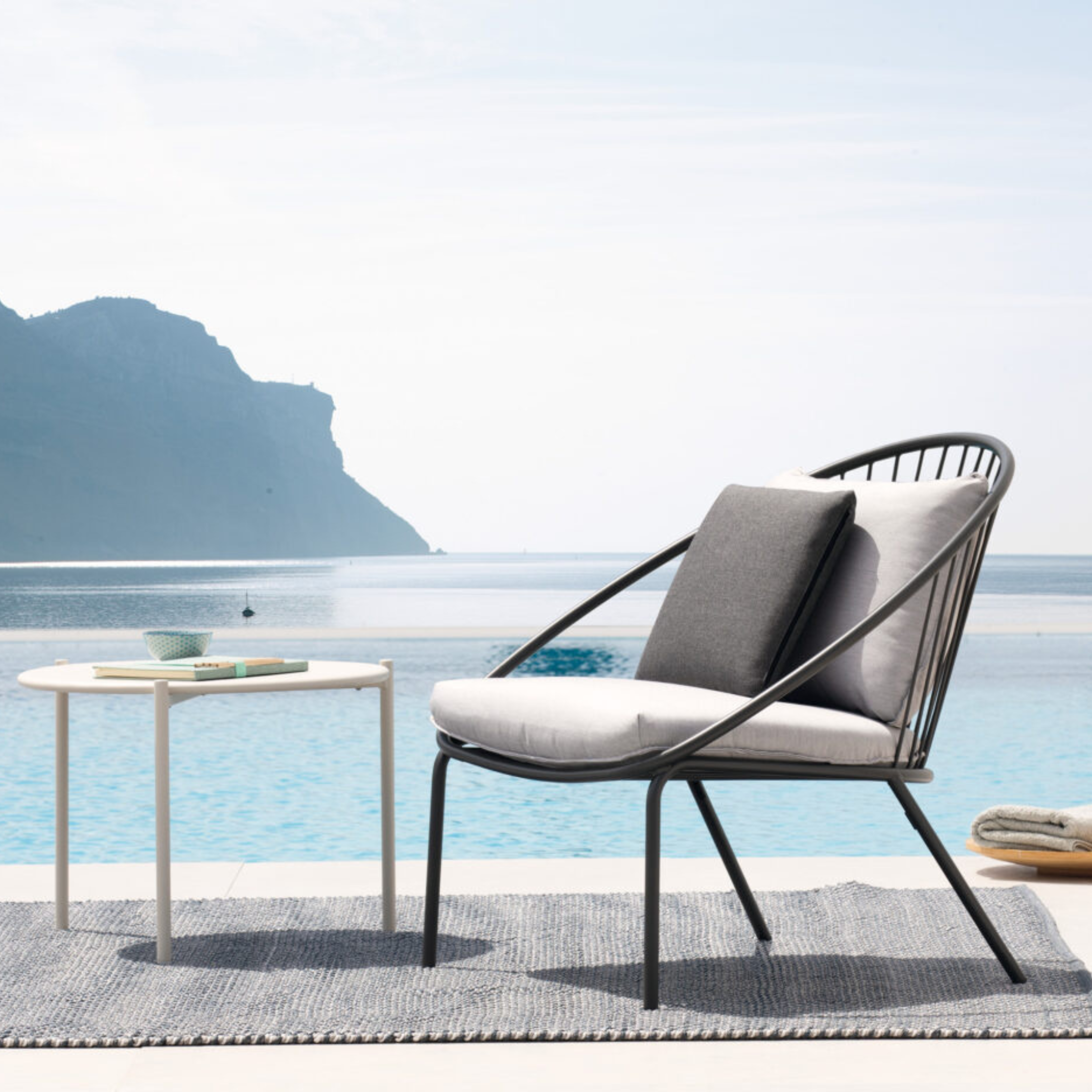"Aria" low metal garden armchair, stackable lounge chair, 82x86 cm, 87 cm high