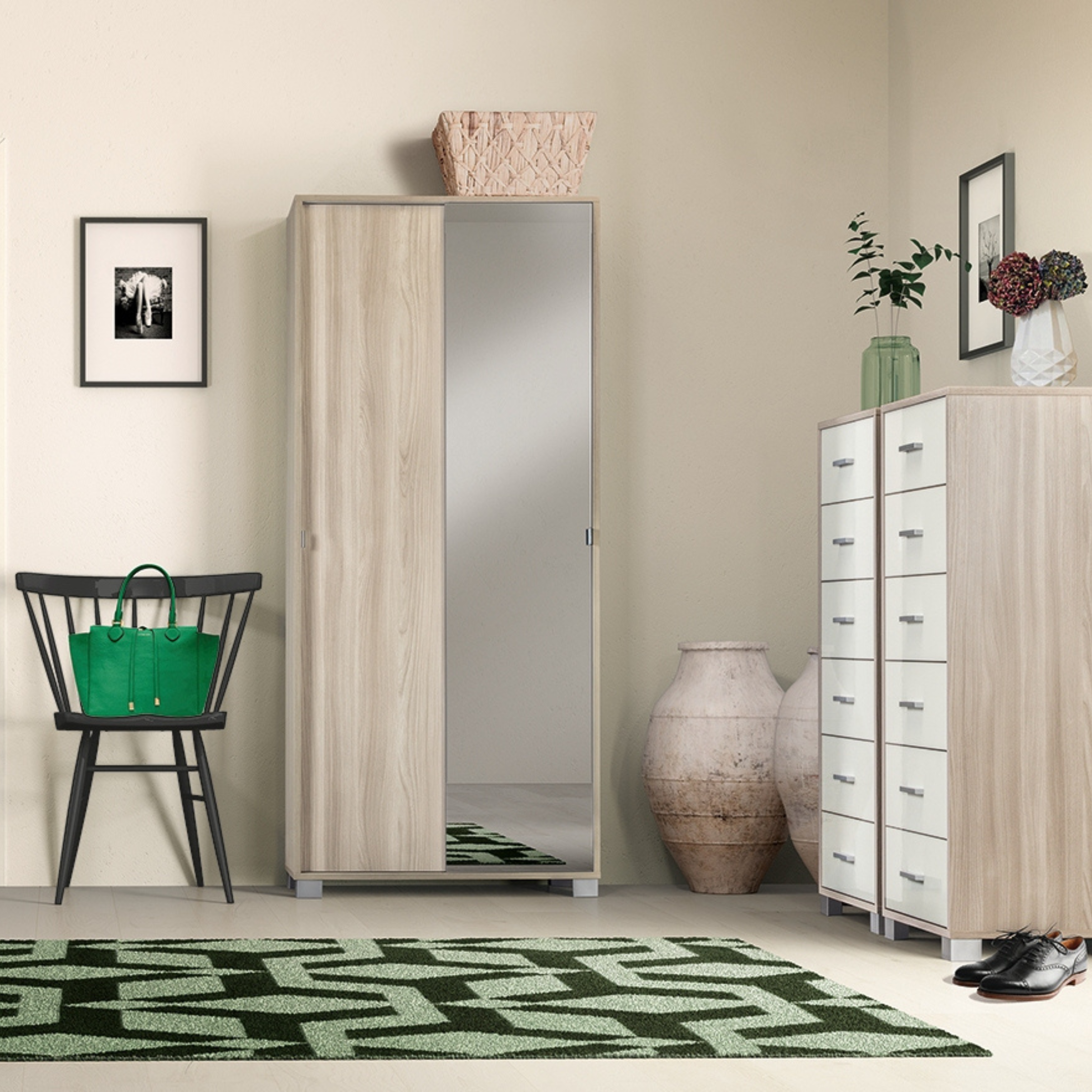 "Rebel" 2-door sliding wardrobe with wooden mirror, 8 shelves, 82x42 cm, 190 cm high