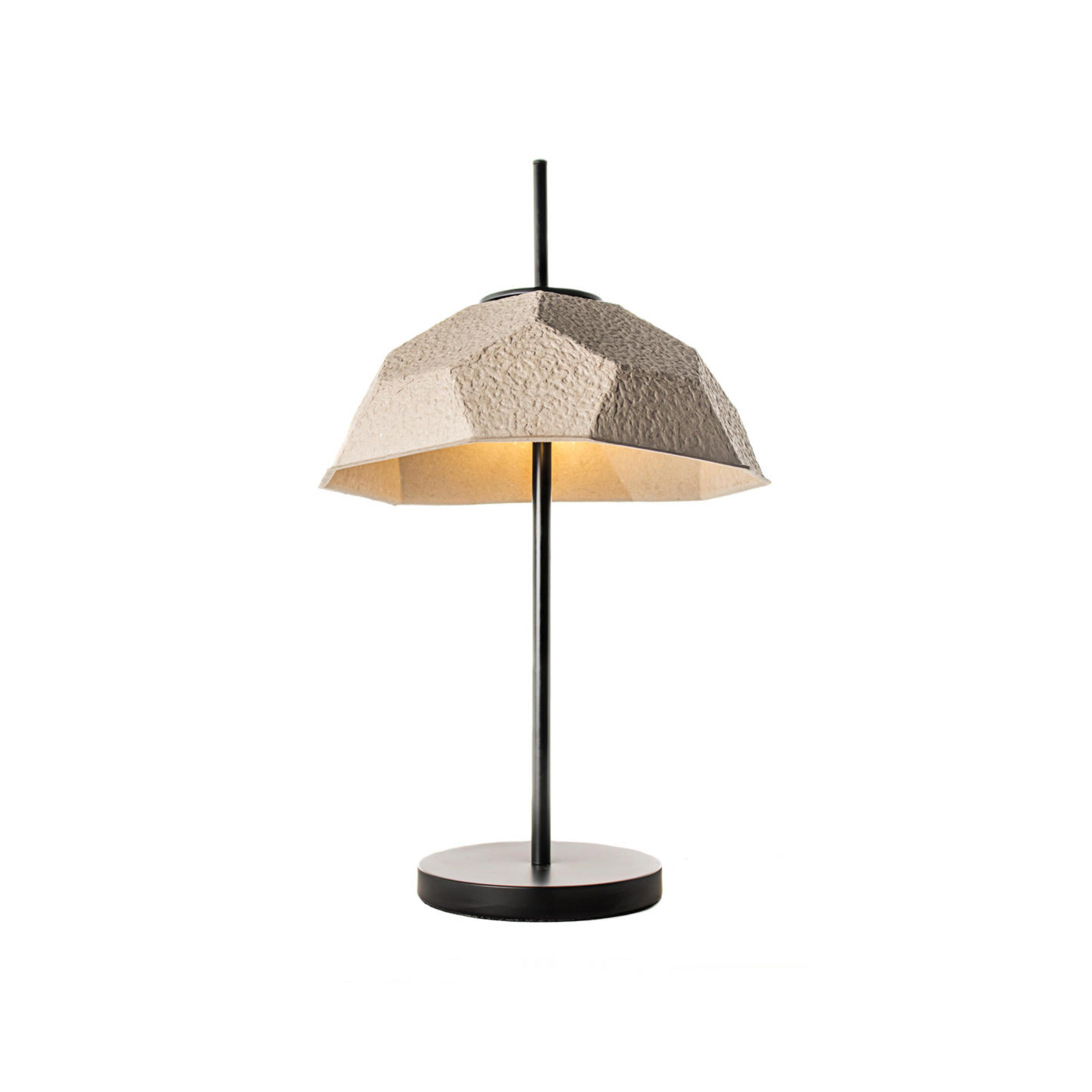 "Kande" metal lamp with recycled cardboard lampshade, floor, table and hanging.