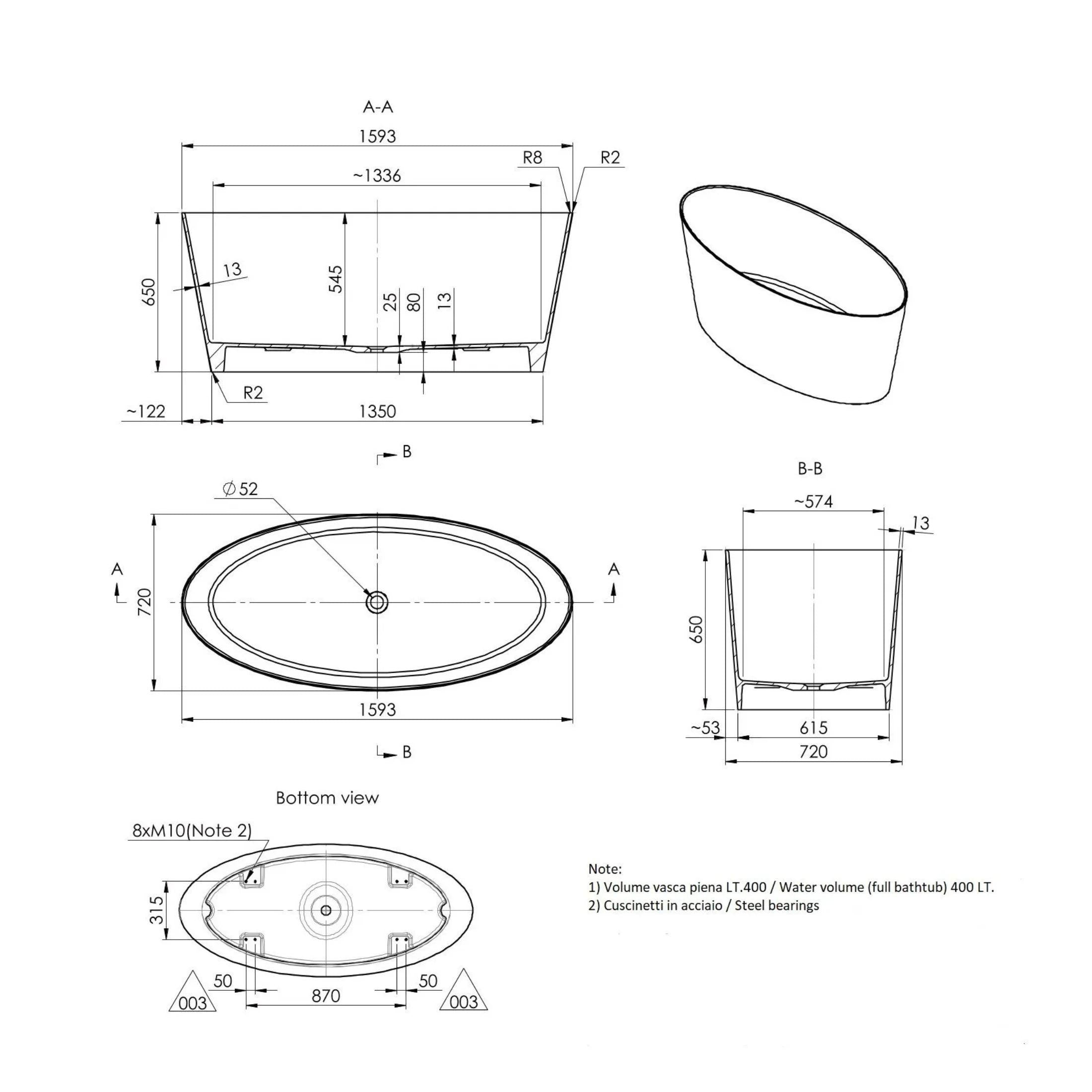 "Verona" freestanding bathtub in glossy white recomposed marble, 159.3 x 72 cm, 65 cm high