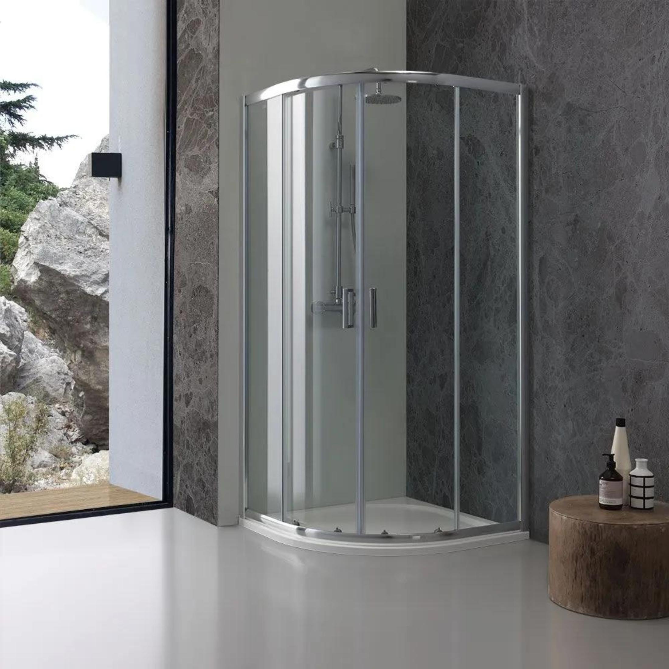 Semicircular "Genova" shower enclosure with two sliding doors in tempered glass, 185 cm high.