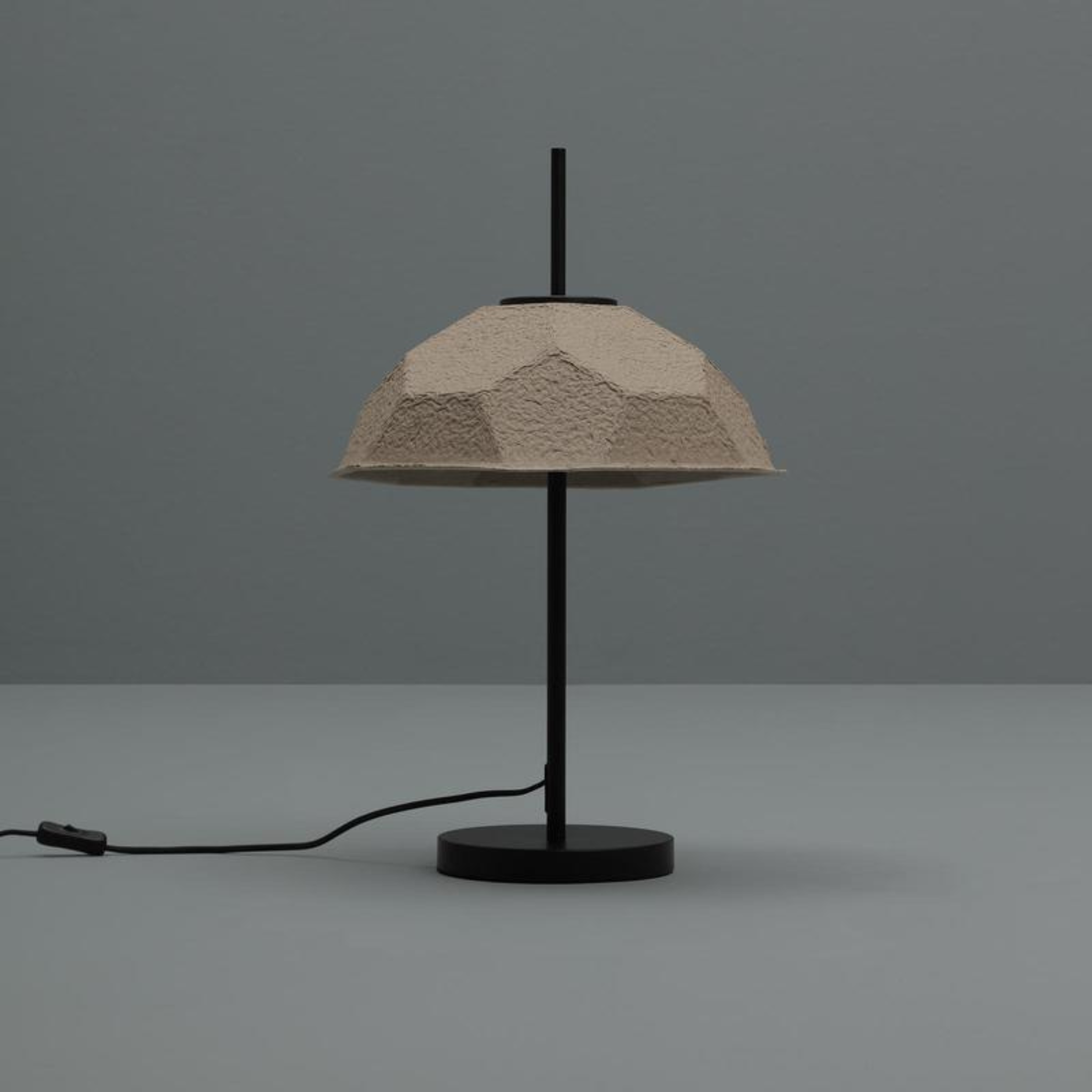 "Kande" metal lamp with recycled cardboard lampshade, floor, table and hanging.