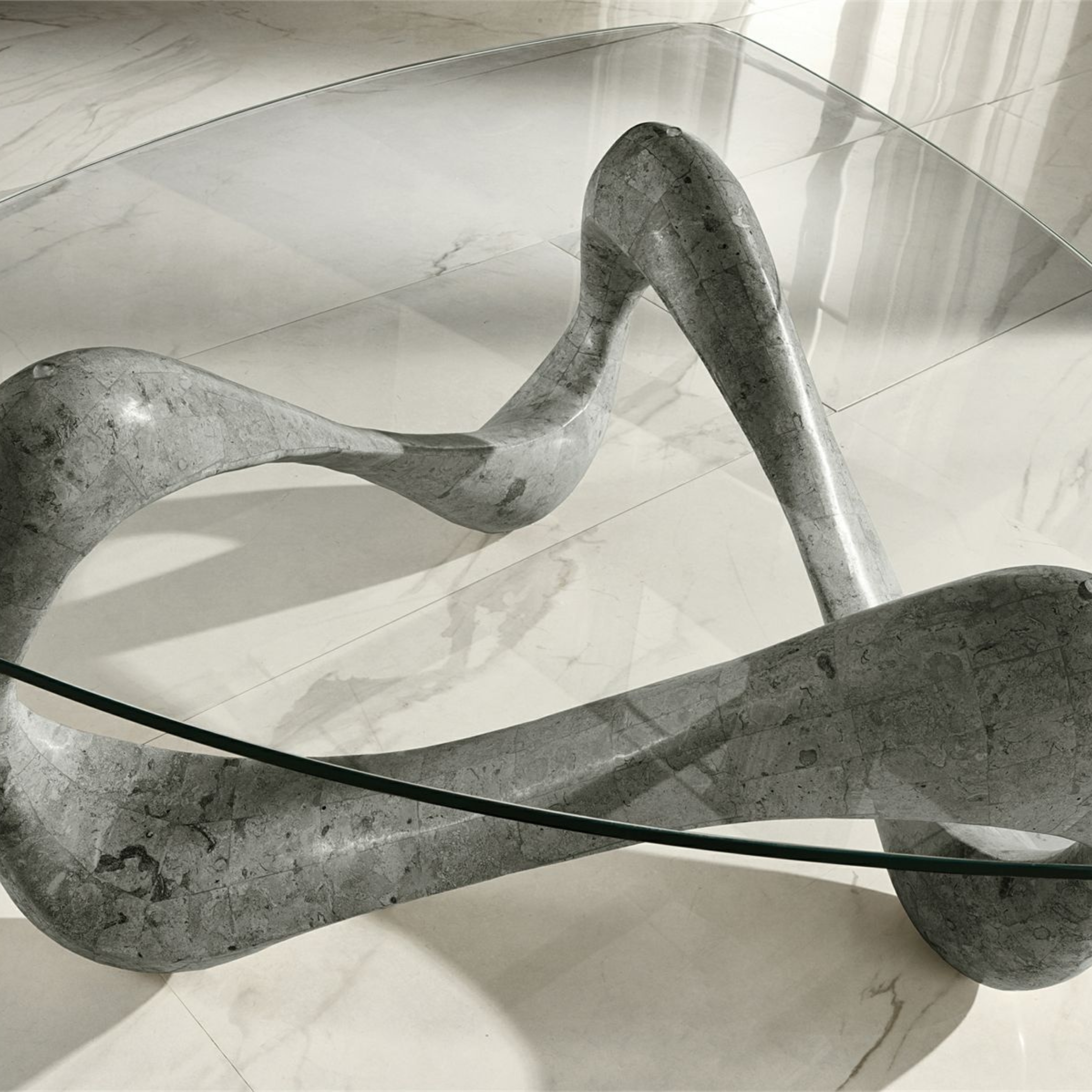 "Scarf" fossil stone coffee table with tempered glass top, 100x100 cm, 42.5 cm high.