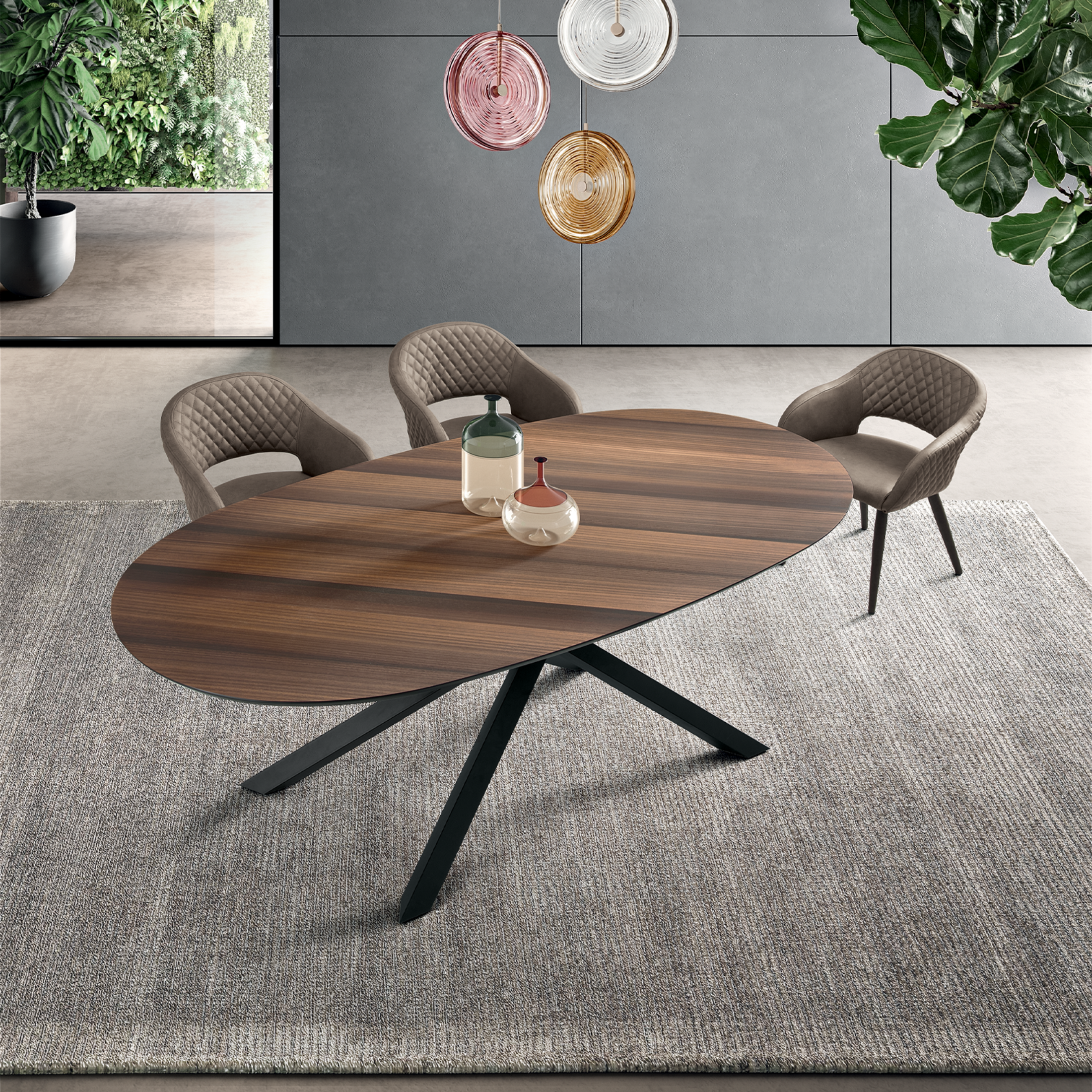 "Canyon" modern fixed dining table with metal base and oak top, 210x109 cm, 75 cm high