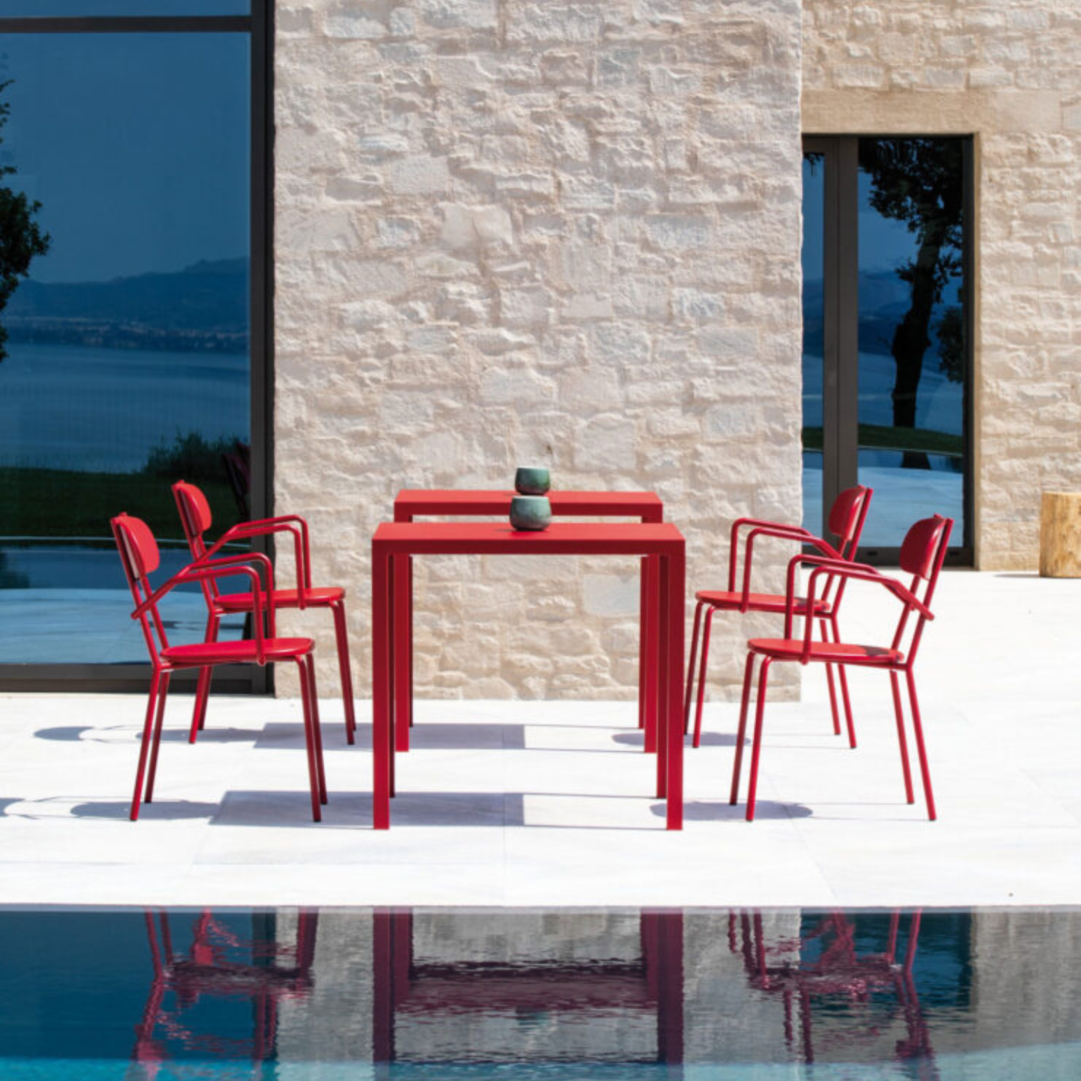 Set of "Fox" stackable painted metal garden chairs, 53x53 cm, 84h