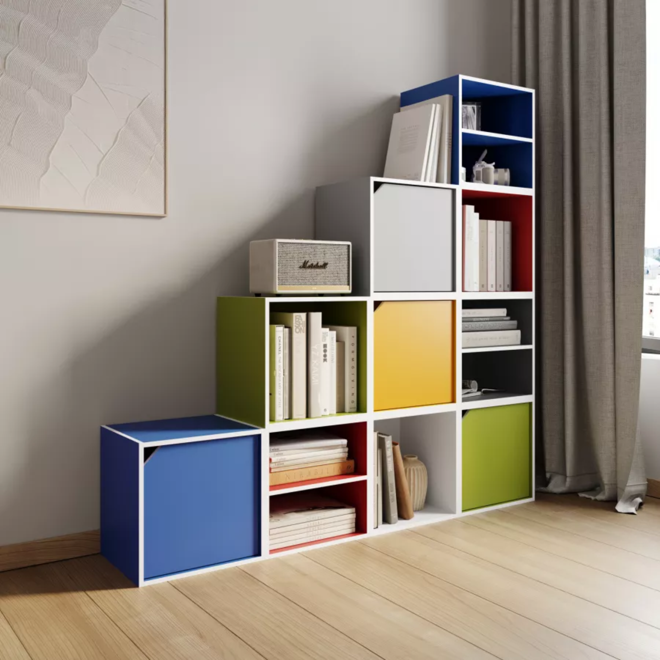 "Cubo" colored open shelf in wood, 35x35 cm, 29h