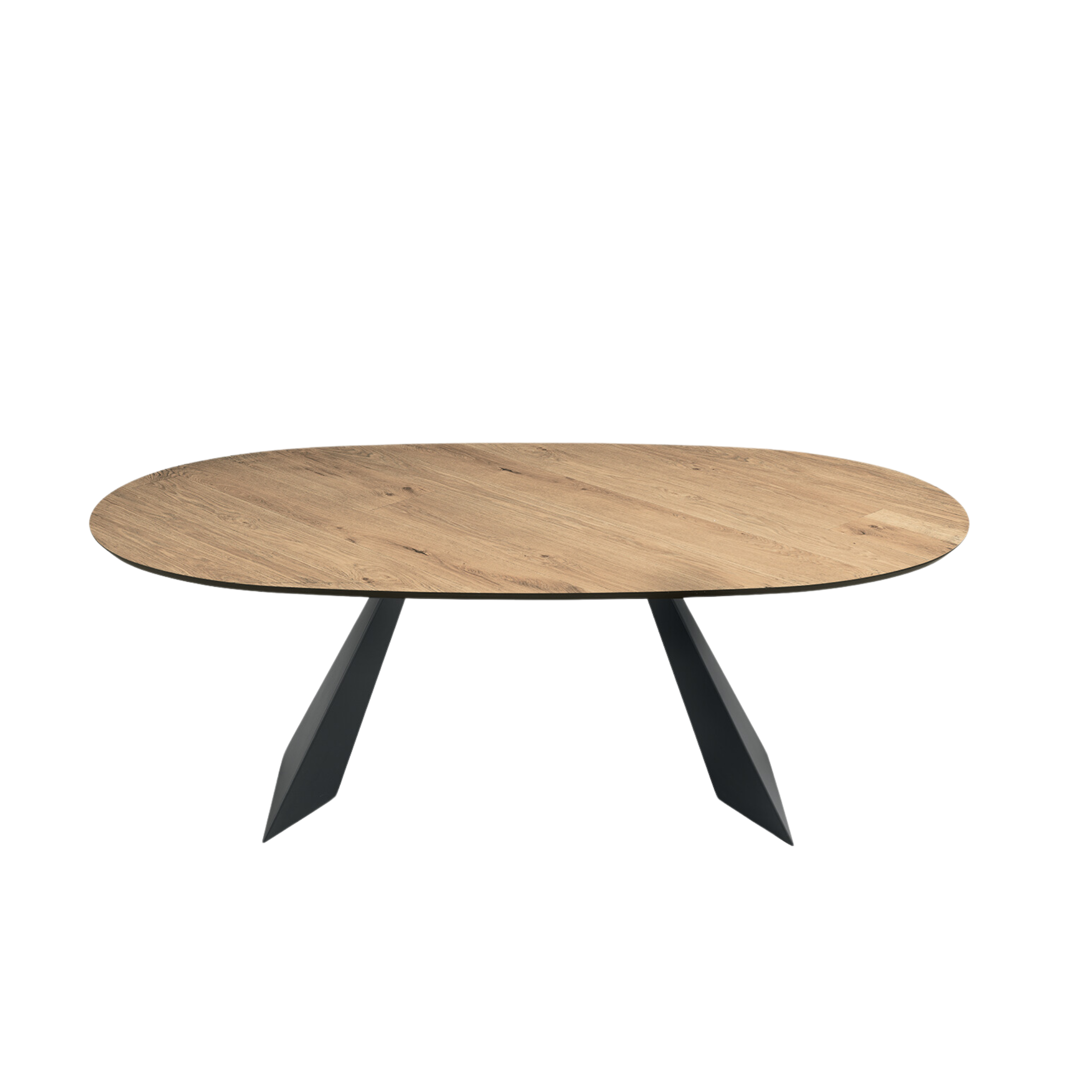"Nargy" modern fixed dining table with metal base and oak top, 210x109 cm, 75 cm high