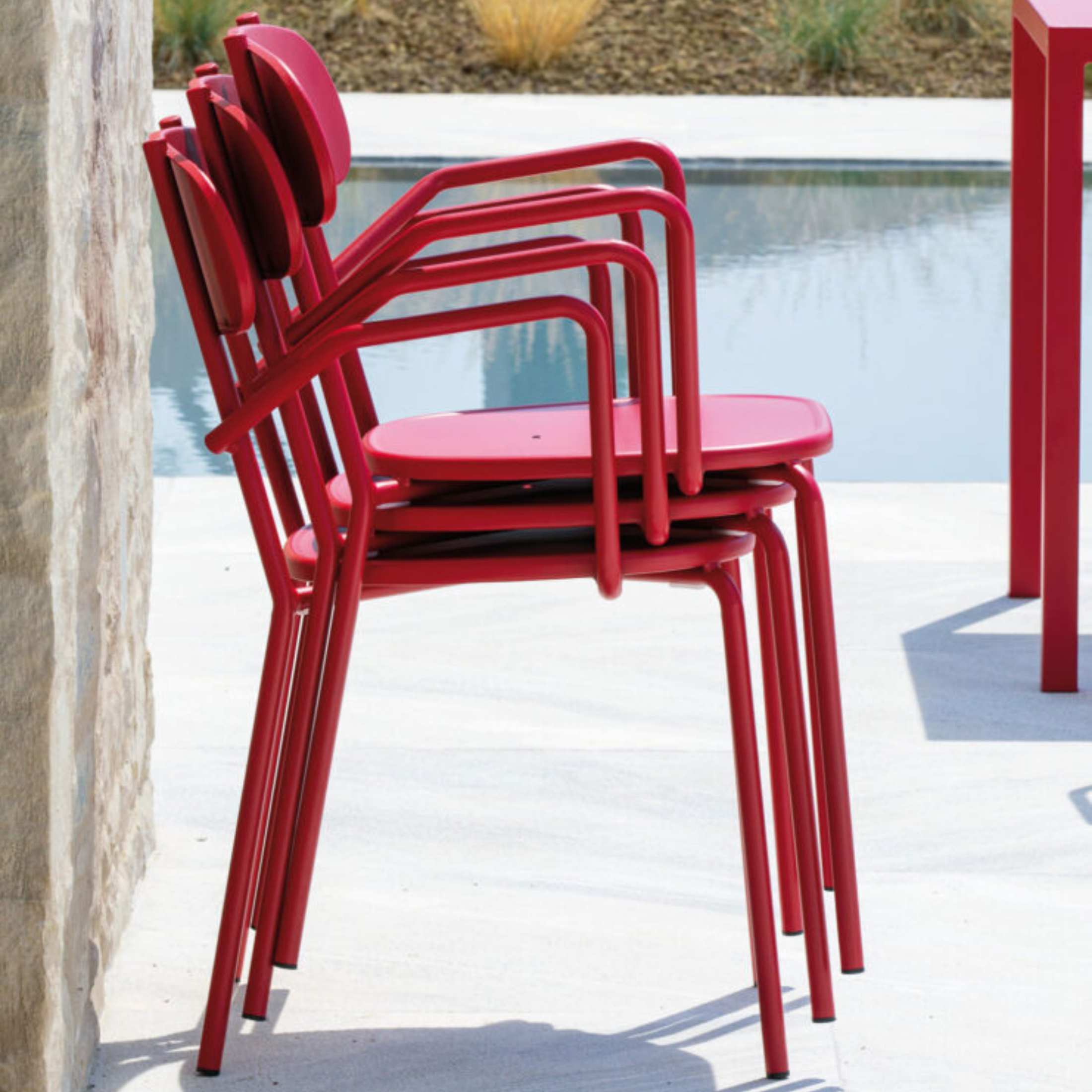 Set of "Fox" stackable painted metal garden chairs, 53x53 cm, 84h
