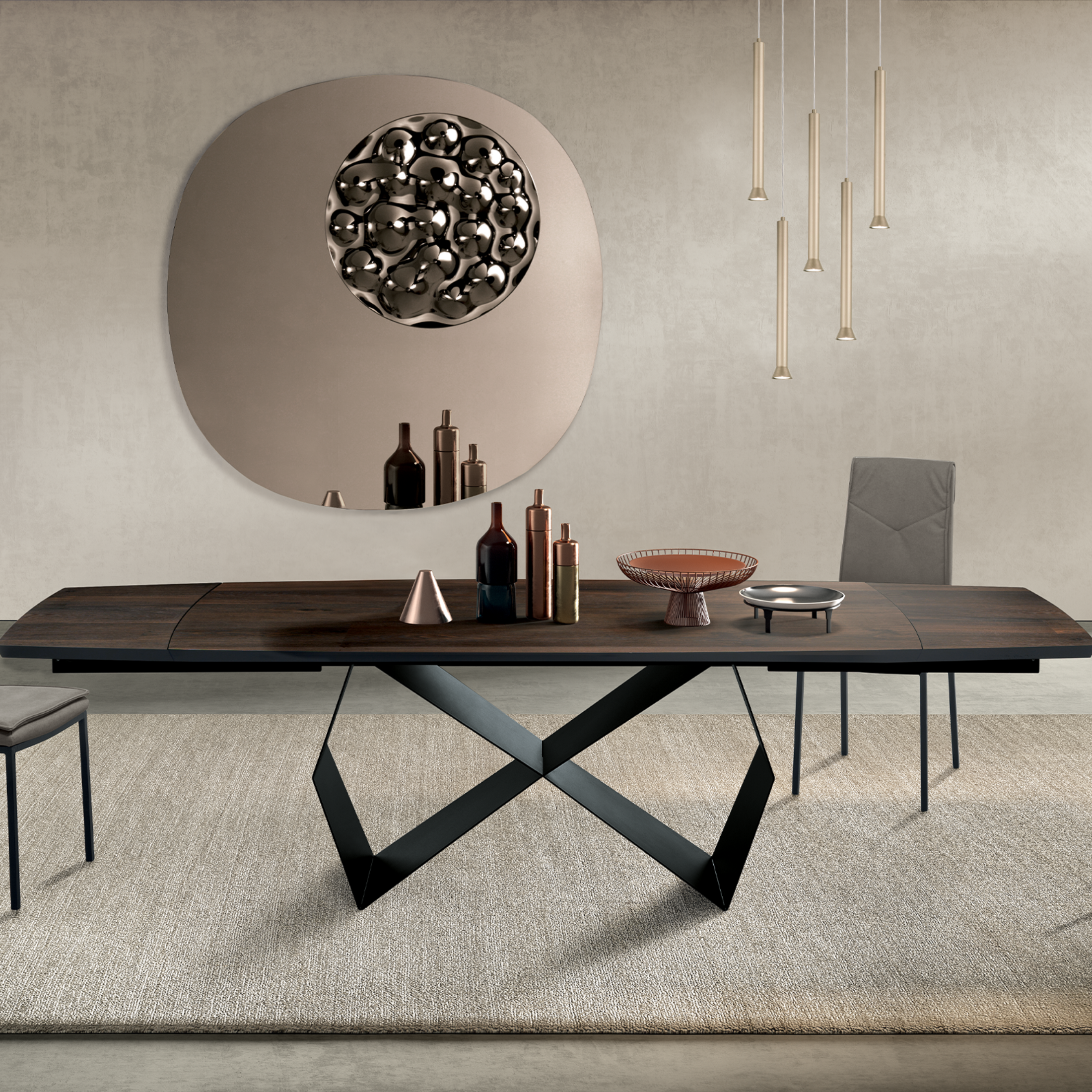 Extendable dining table "Reina" with metal base and oak top, 200/300x100 cm, 75 cm high