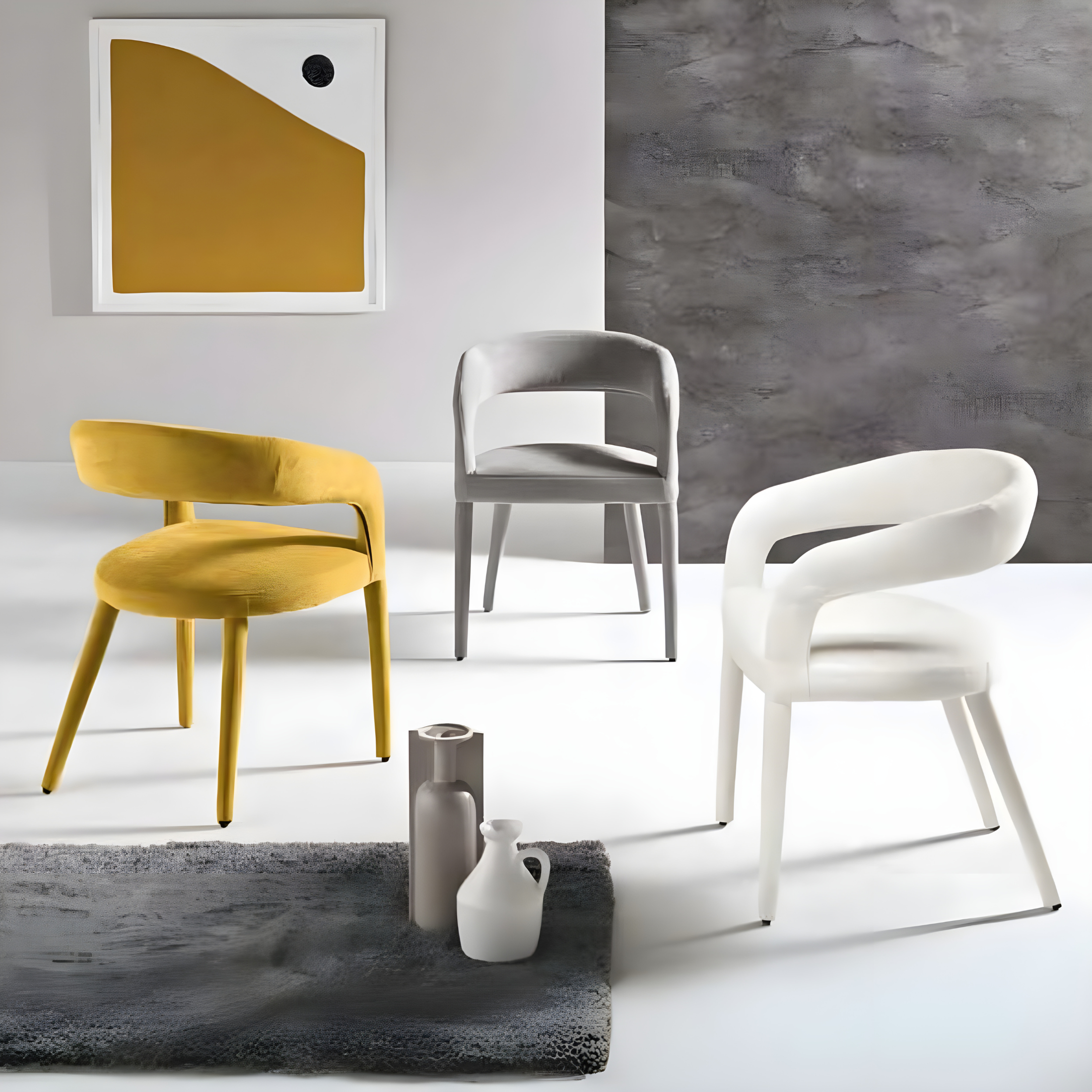 Set of "Voltris" chairs upholstered in bouclé fabric with fabric-covered legs, 55x57 cm, 76h