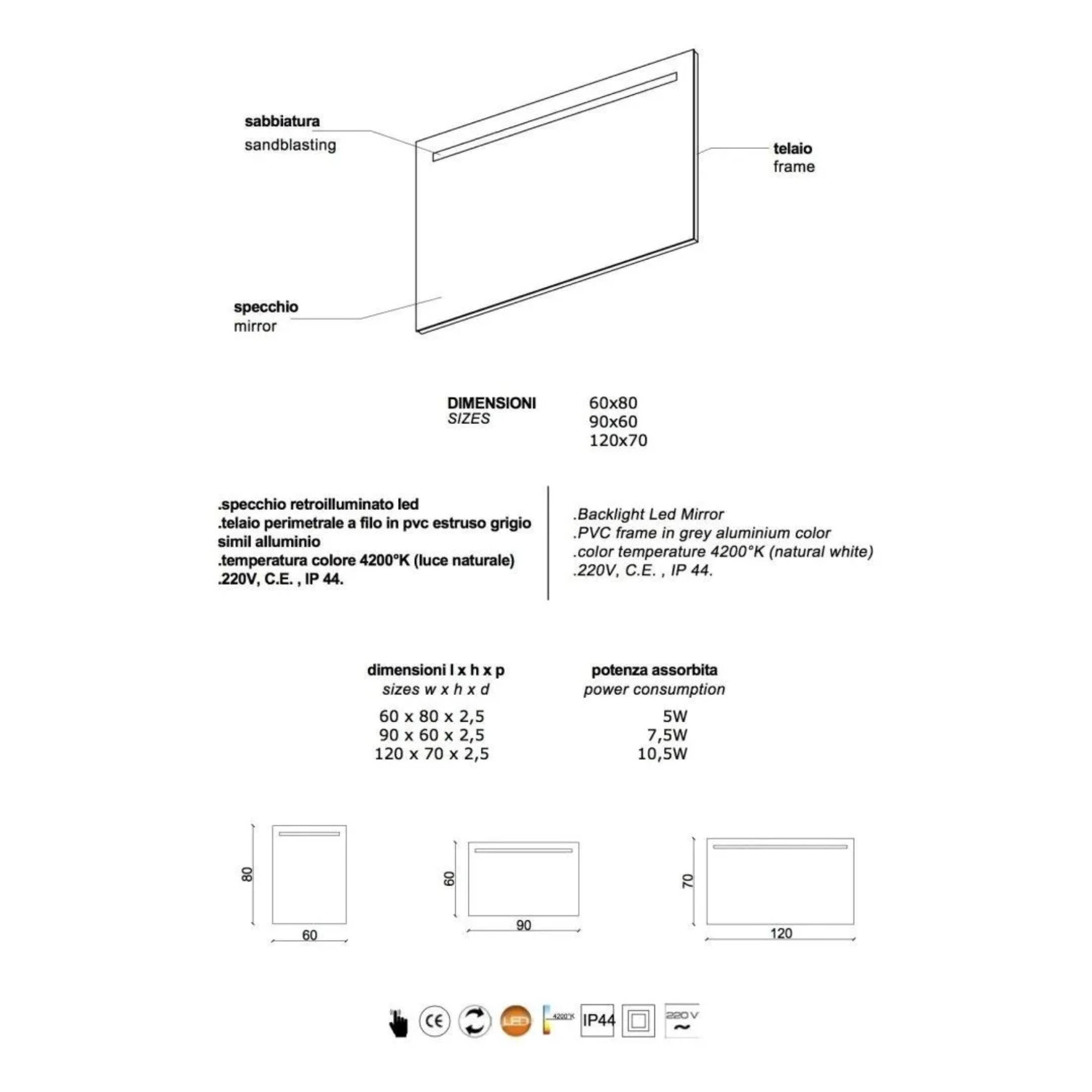 Rectangular mirror with "Valderico" LED strip and aluminum-like profiles