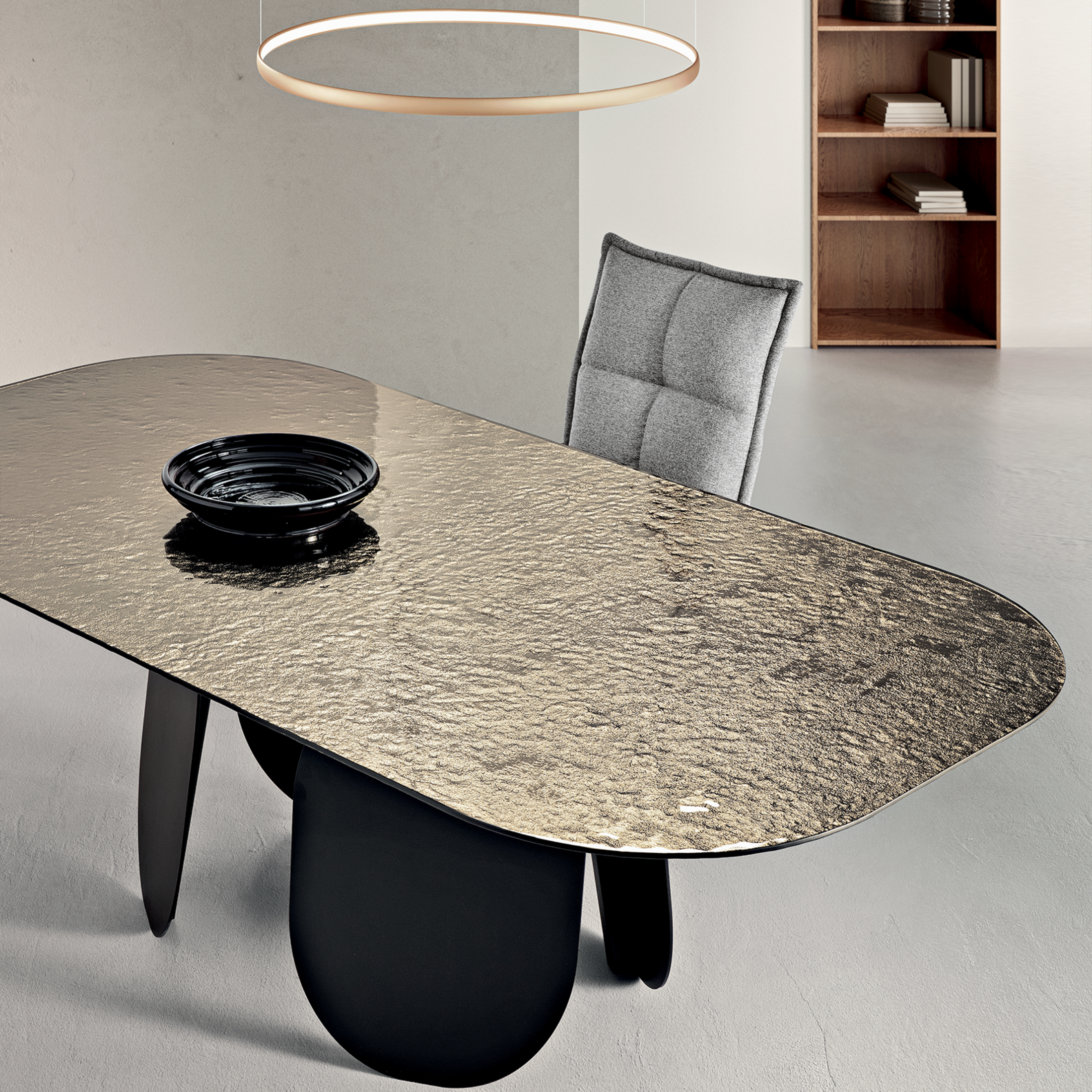 "Monroe" modern fixed dining table with hammered glass top