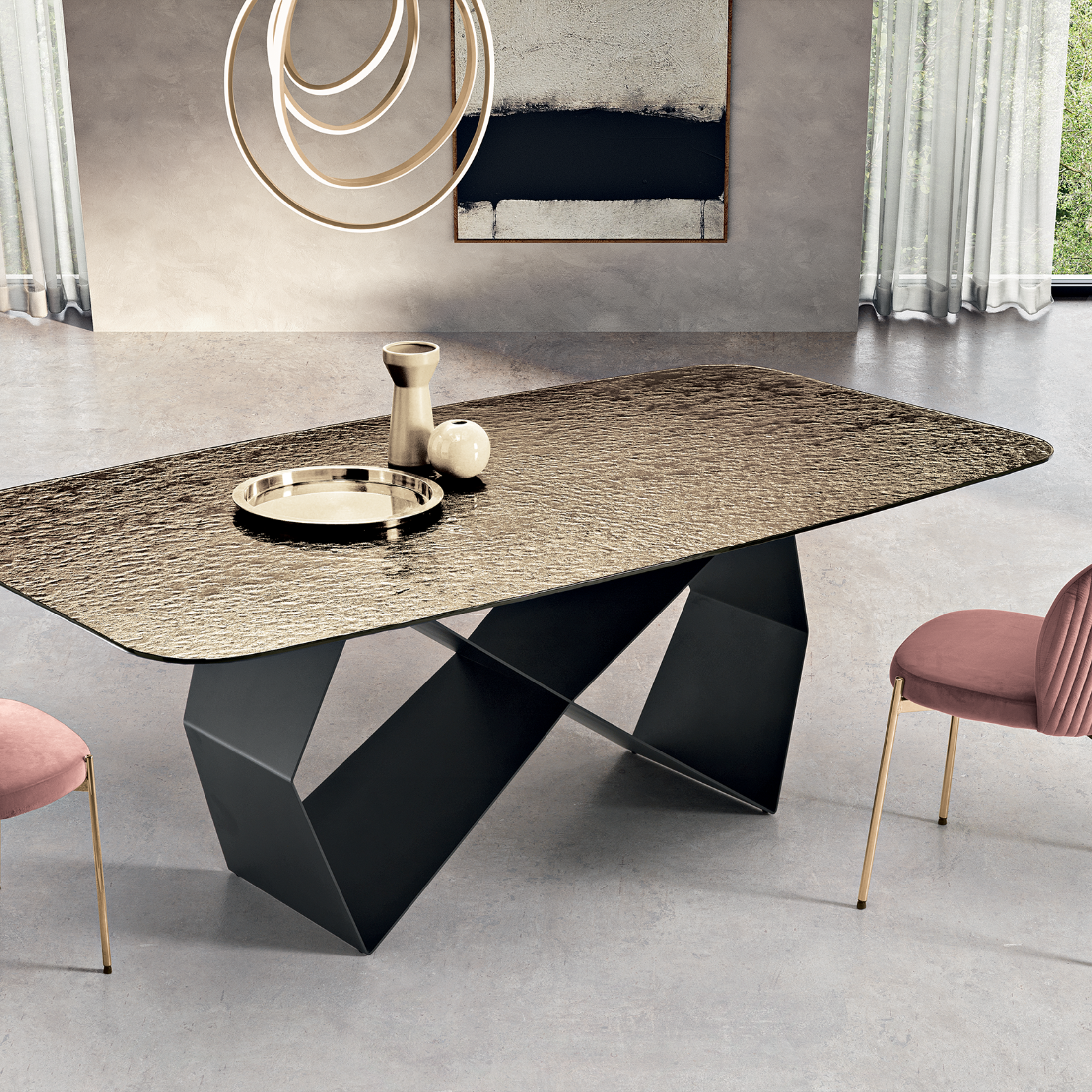 "Karlito" modern fixed table with painted metal base, 210x110 cm, 75 cm high.