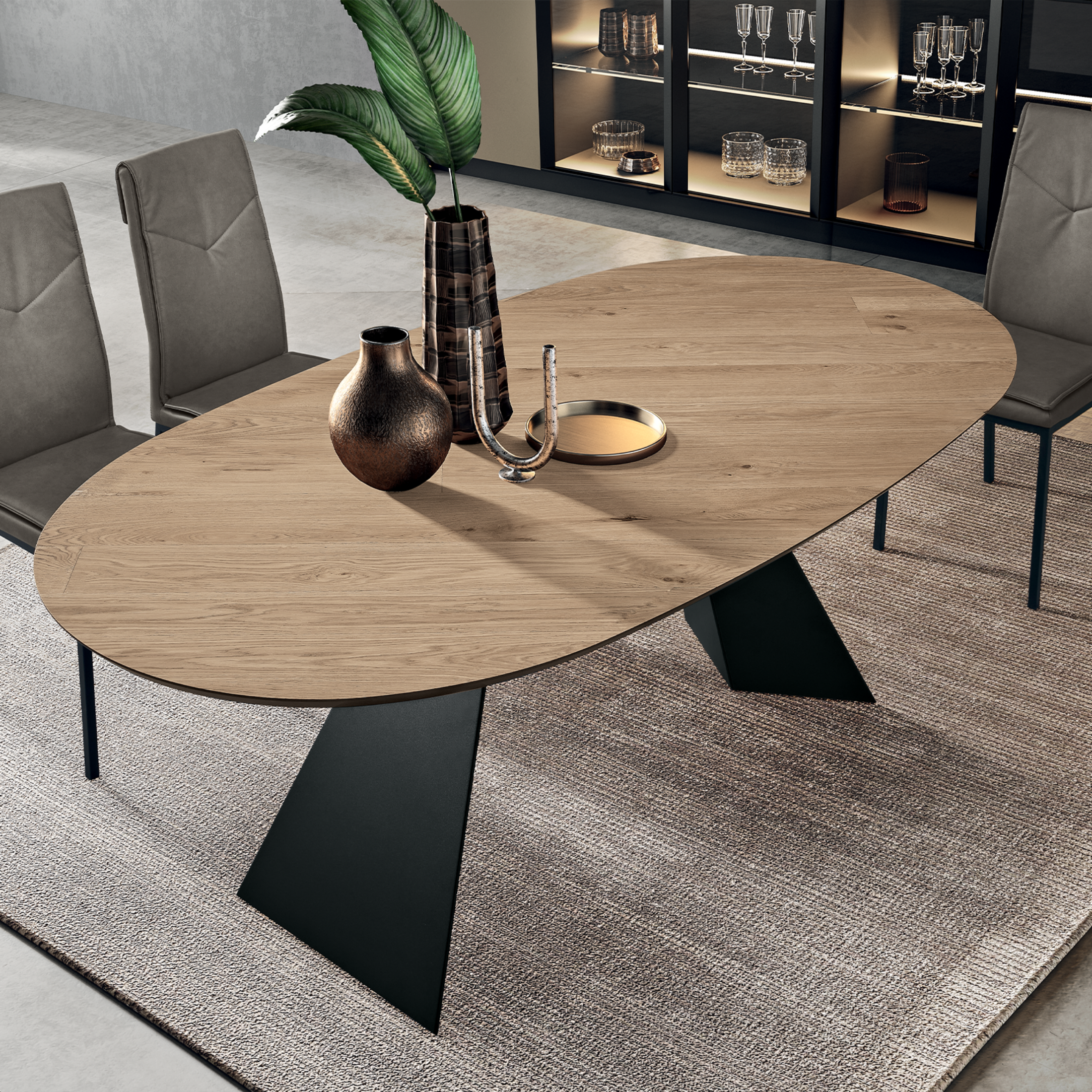 "Nargy" modern fixed dining table with metal base and oak top, 210x109 cm, 75 cm high