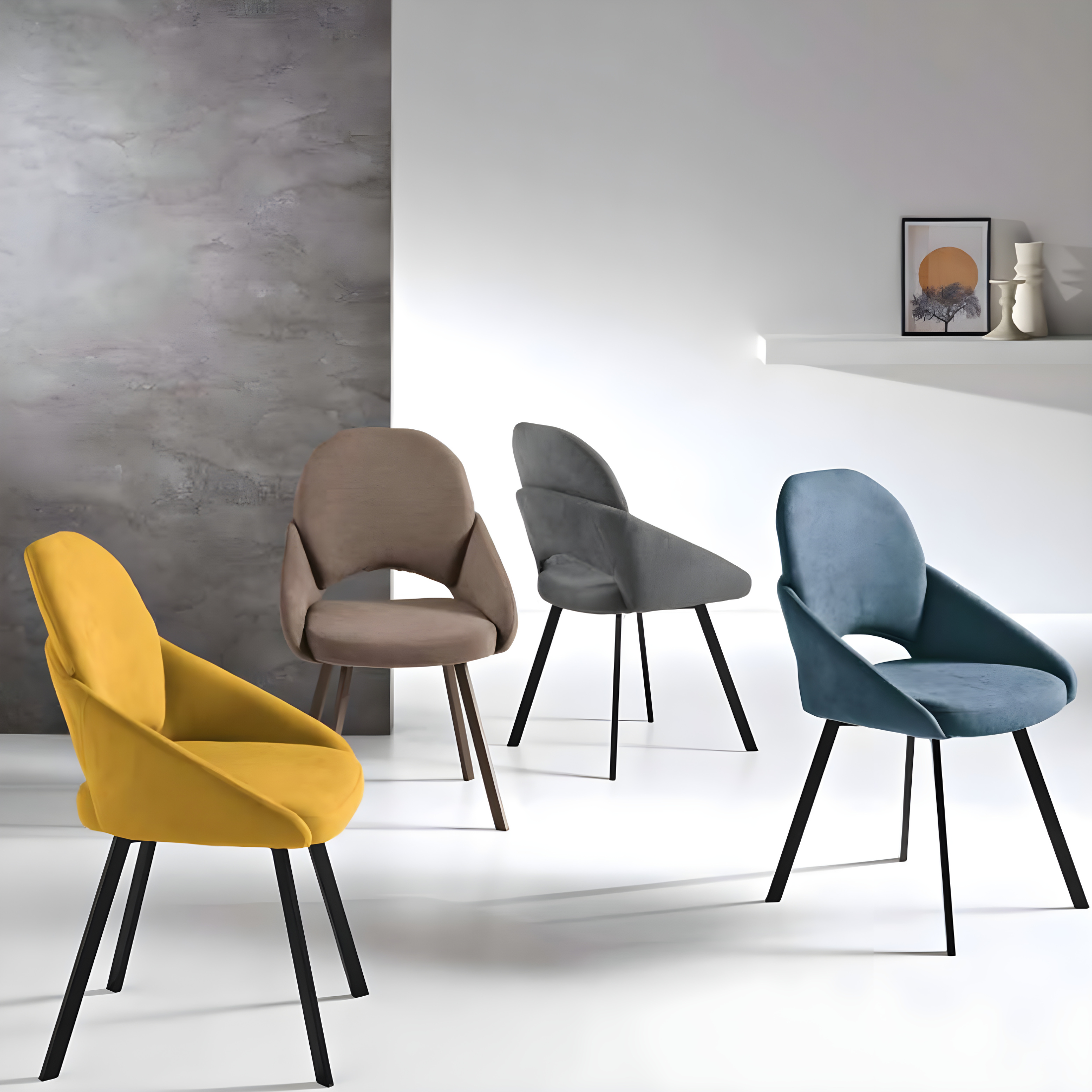 Set of "Dolly" dining chairs upholstered in fabric with painted metal frame, 56x56 cm, 90 cm high.