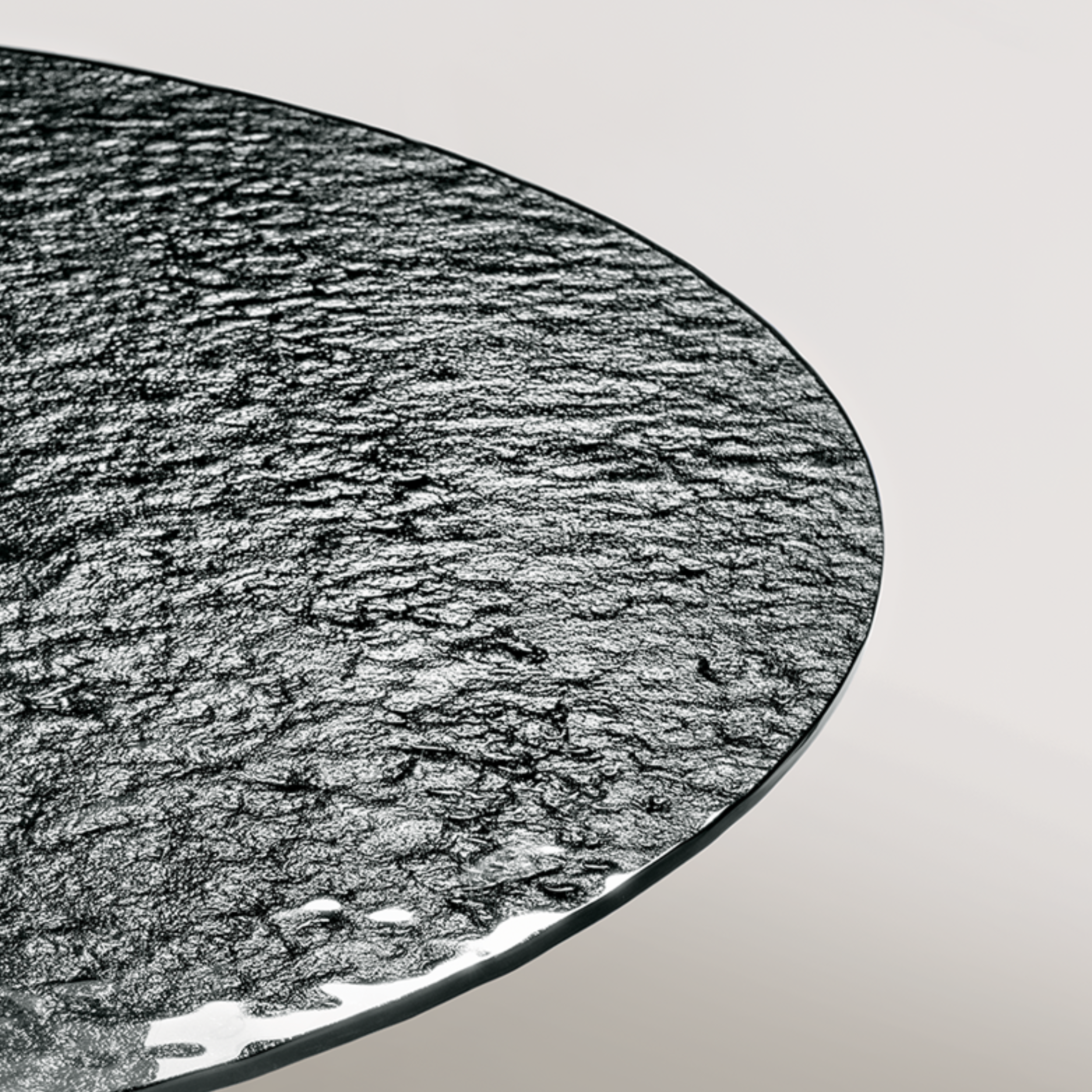 "Monroe" modern fixed round dining table with hammered glass top