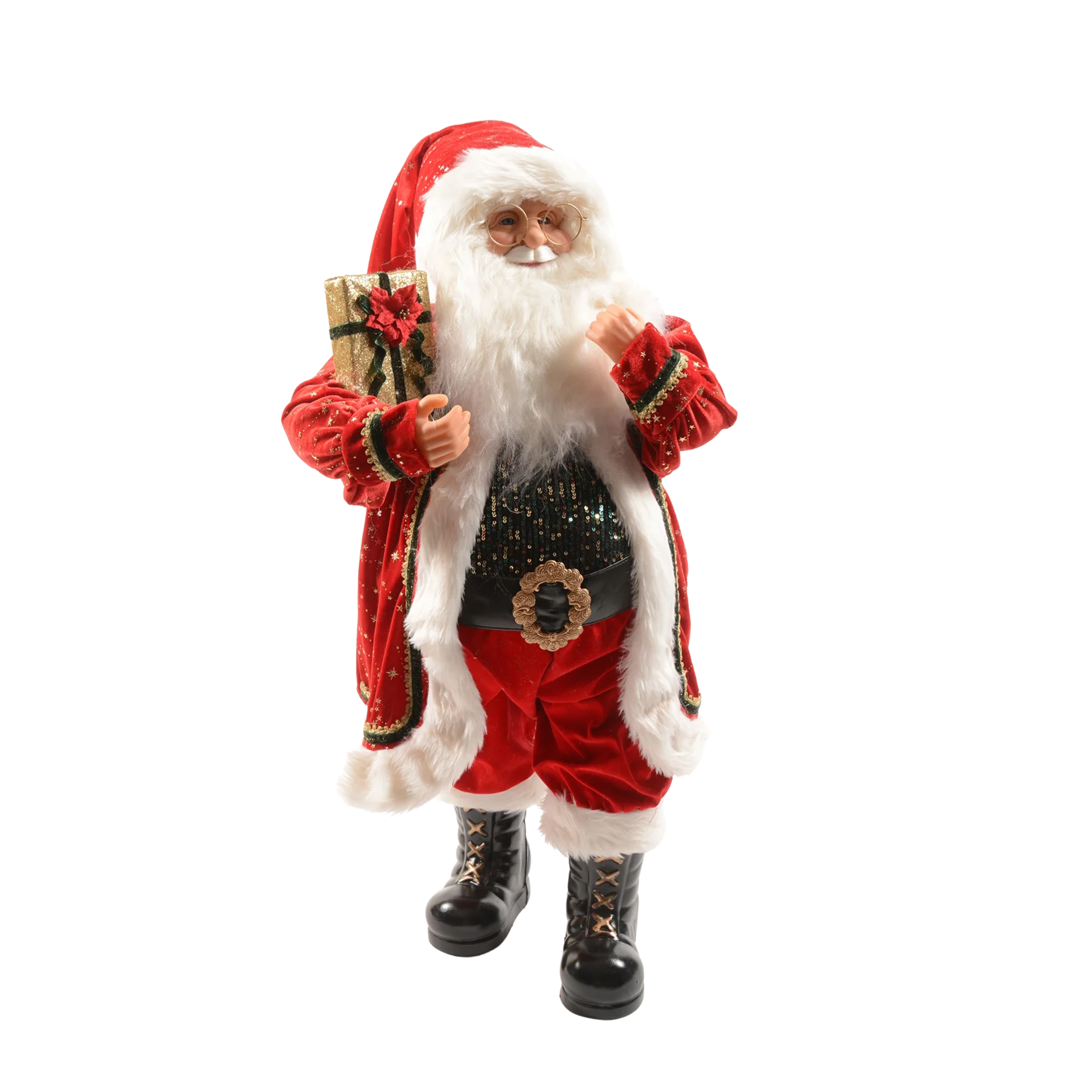 Santa Claus in red suit and polyester gift for Christmas decorations