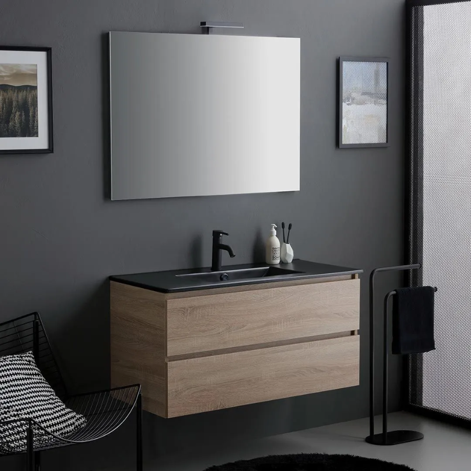 "Berlino60" oak-colored wall-hung bathroom cabinet with 2 drawers, black sink, and mirror