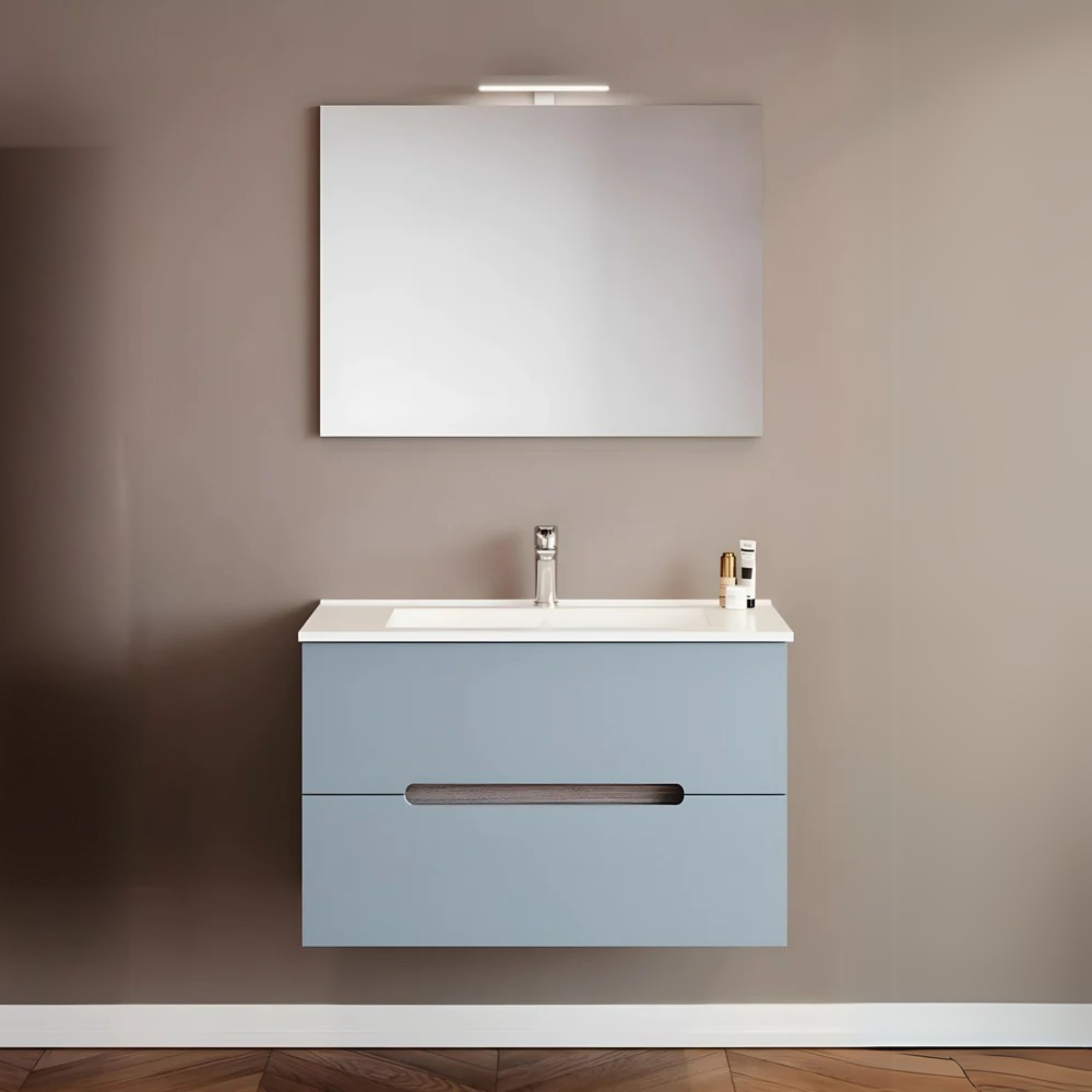 "Rhovan" bathroom cabinet with base, sink and LED mirror