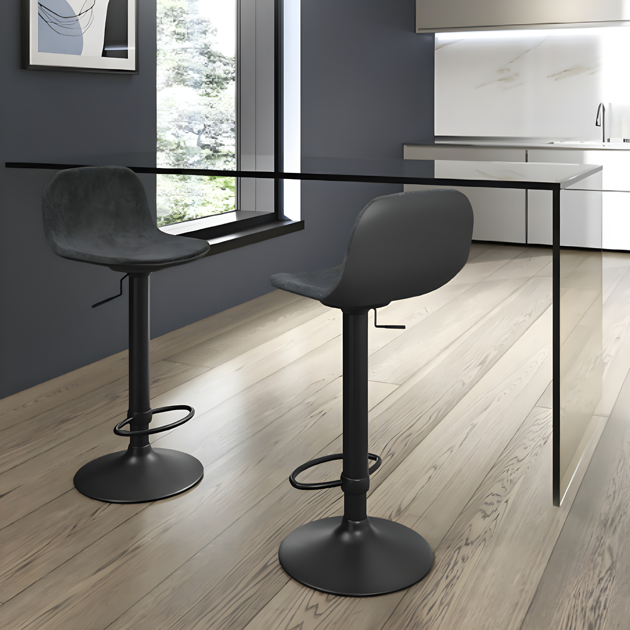 Set of "Woody" high stools in fabric with gas lift and footrest, 45x39 cm, 86h