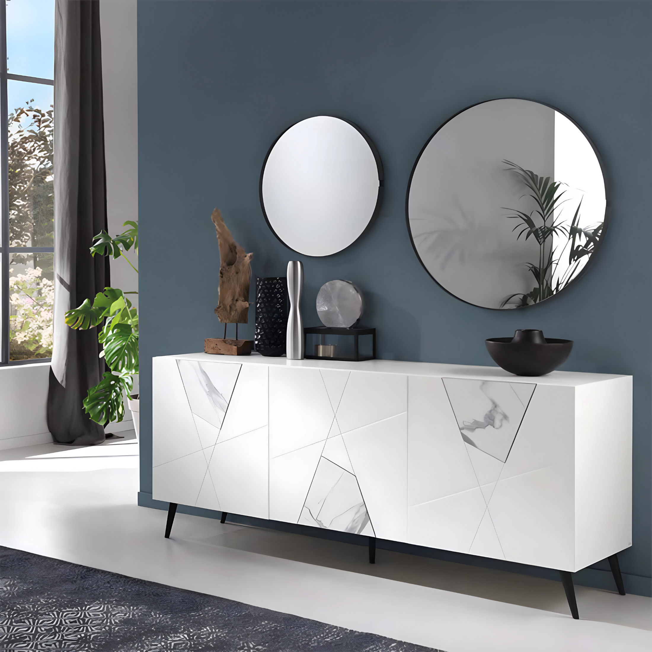 Modern 3-door "Adelaide" sideboard in wood with marble-effect glass inserts, 180x50 cm, 80 cm high