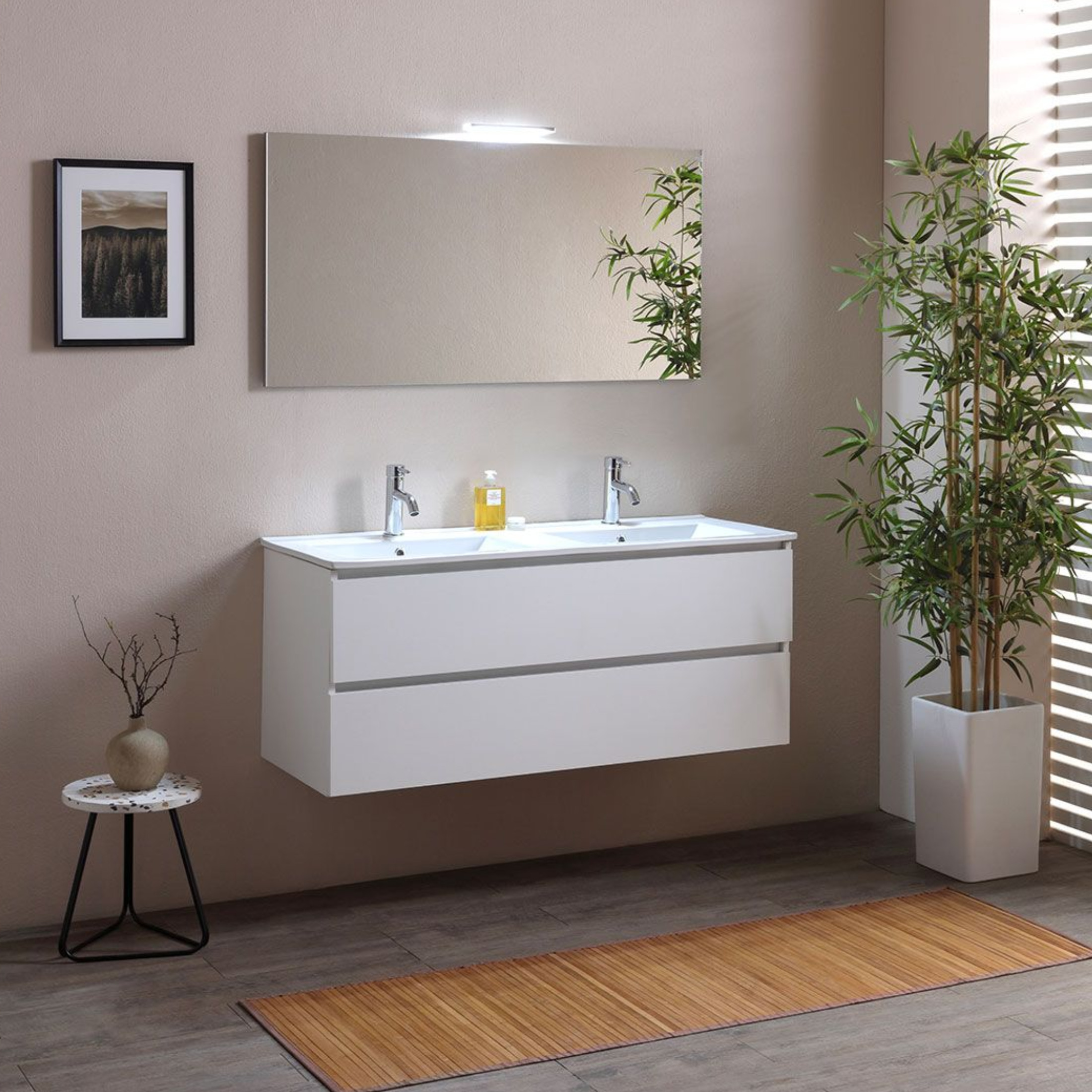 "Belize120" bathroom cabinet with double sink and two drawers in a white wood finish