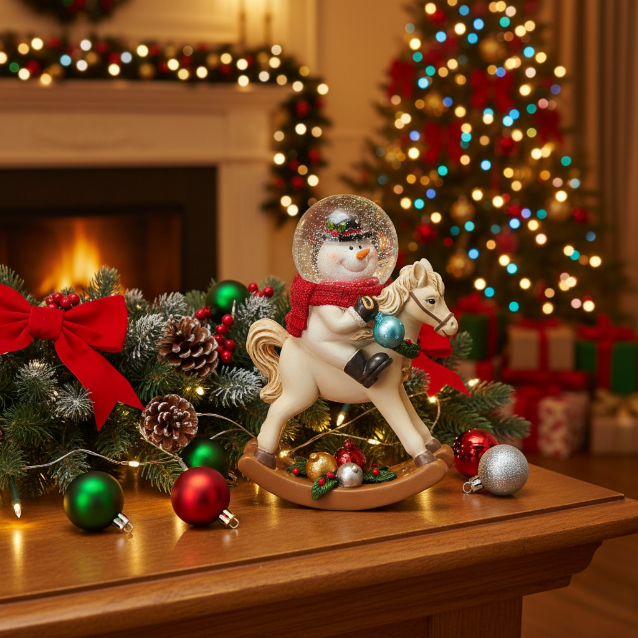 Resin rocking horse with glass water sphere and internal Christmas scene with shiny snow effect, 13.5 cm high.