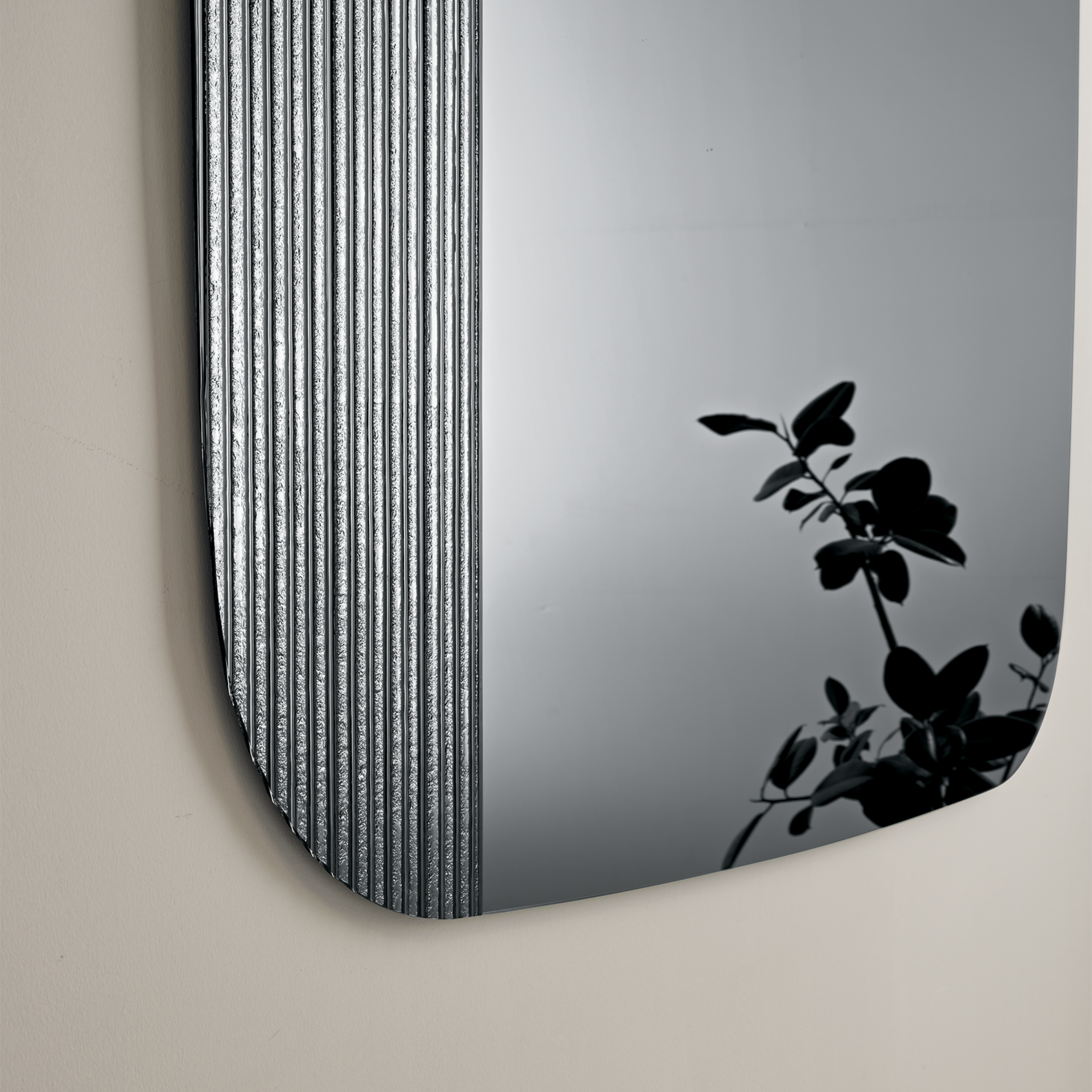 "Axis" modern shaped wall mirror with striped insert