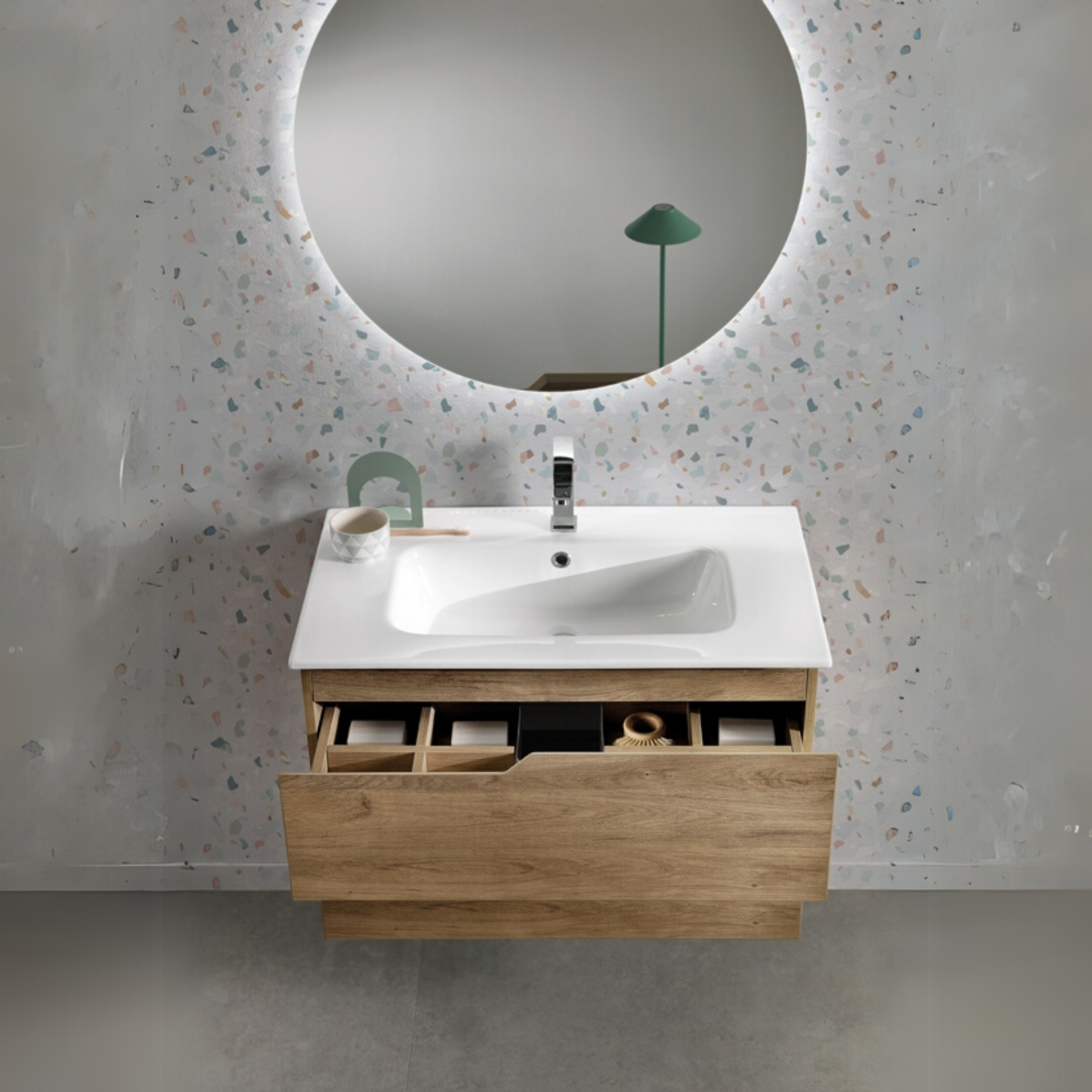 "Mika" modern wall-hung bathroom cabinet with LED mirror, 2-drawer sink