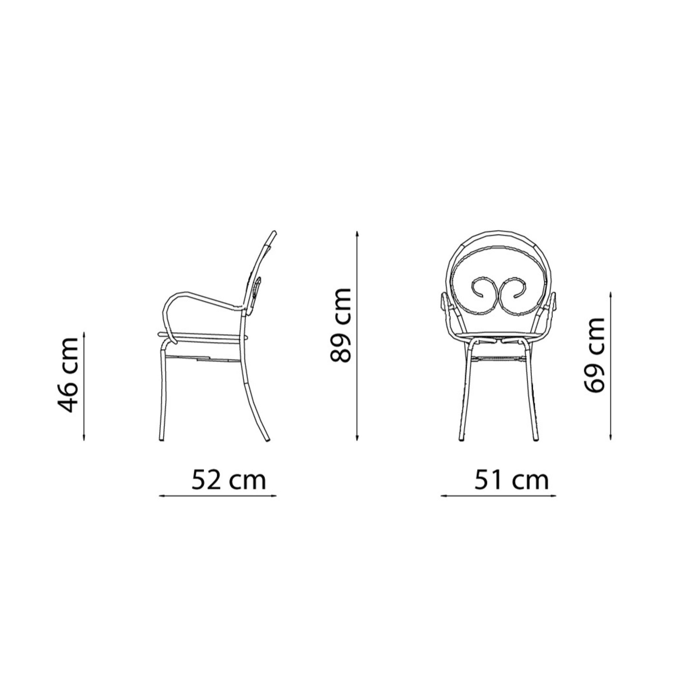 Set of "Mimmo" stackable painted metal garden chairs, 51x52 cm, 89 cm high